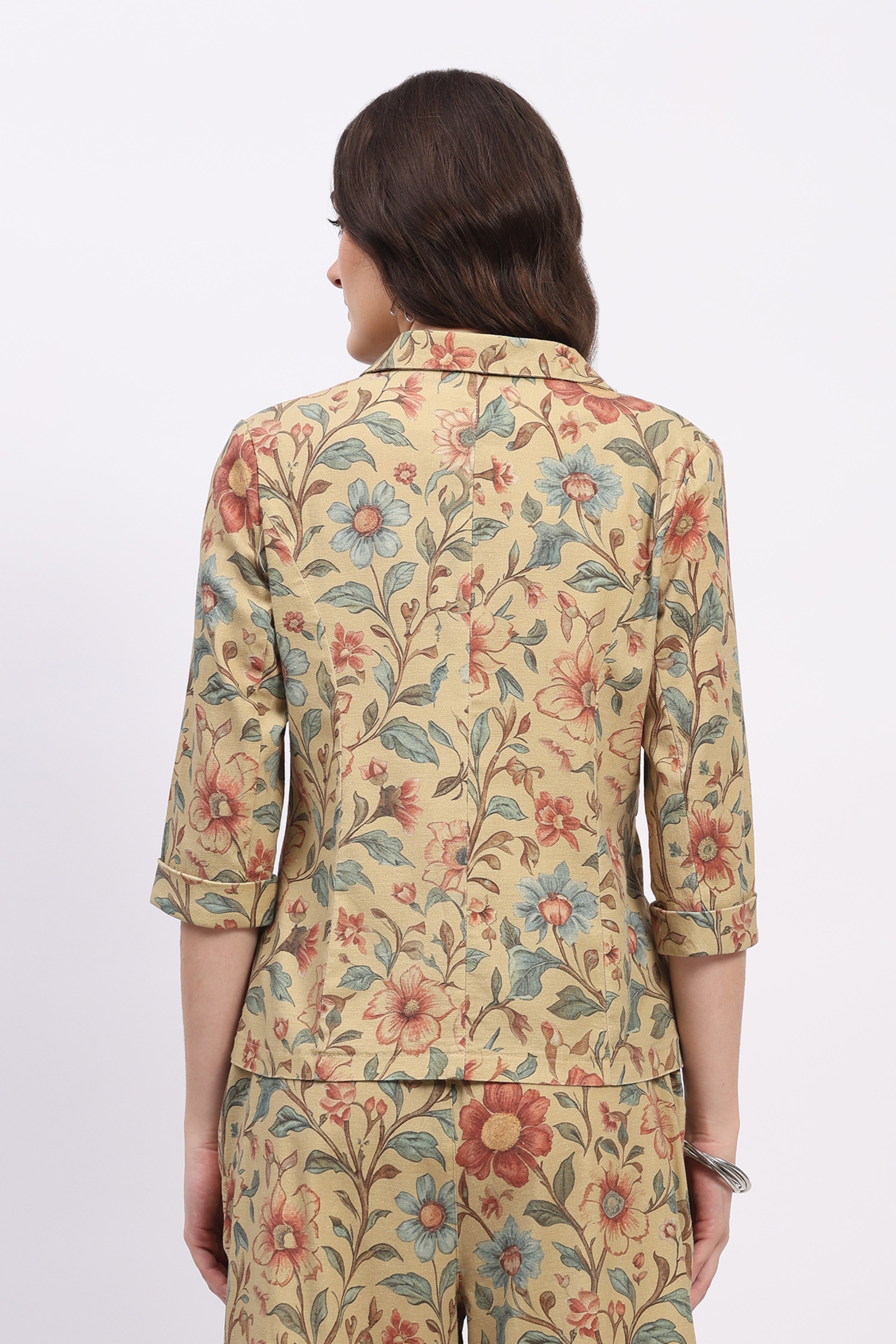 Beige Floral Print Cotton Coat