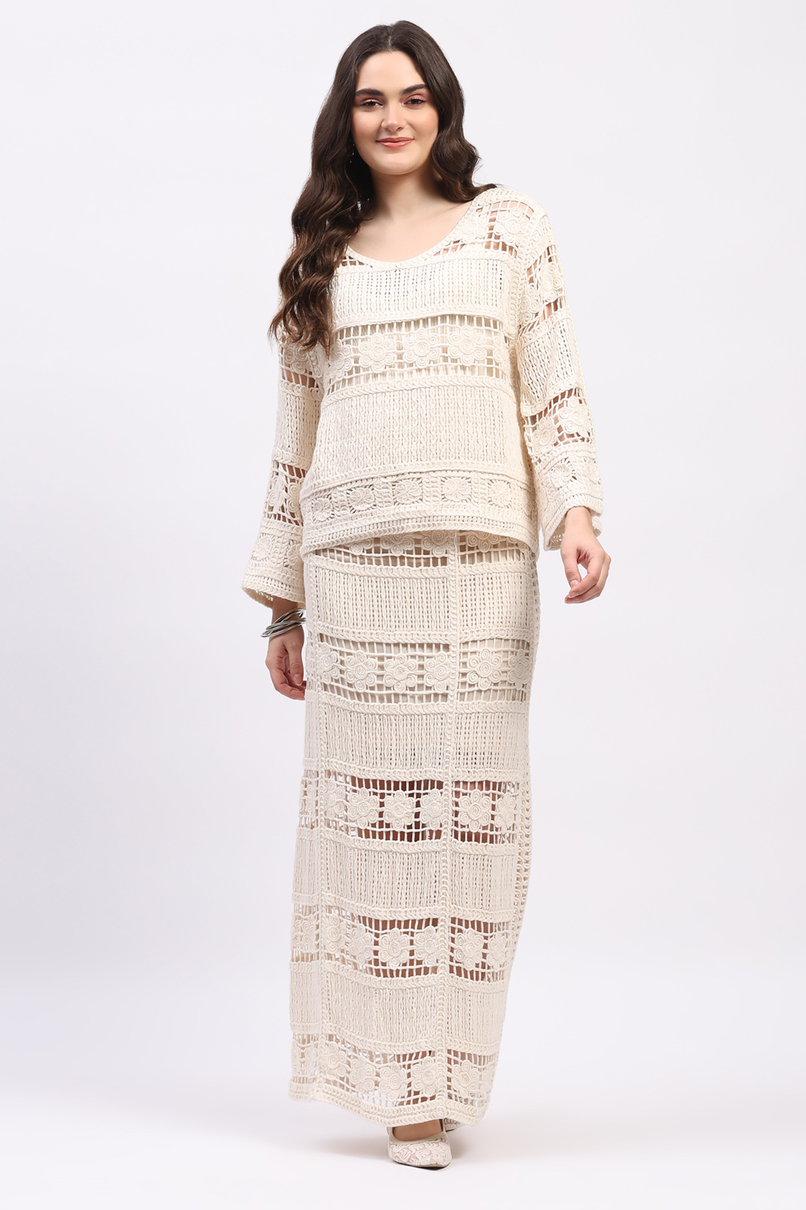 Off-White Crochet Top & Maxi Skirt Set