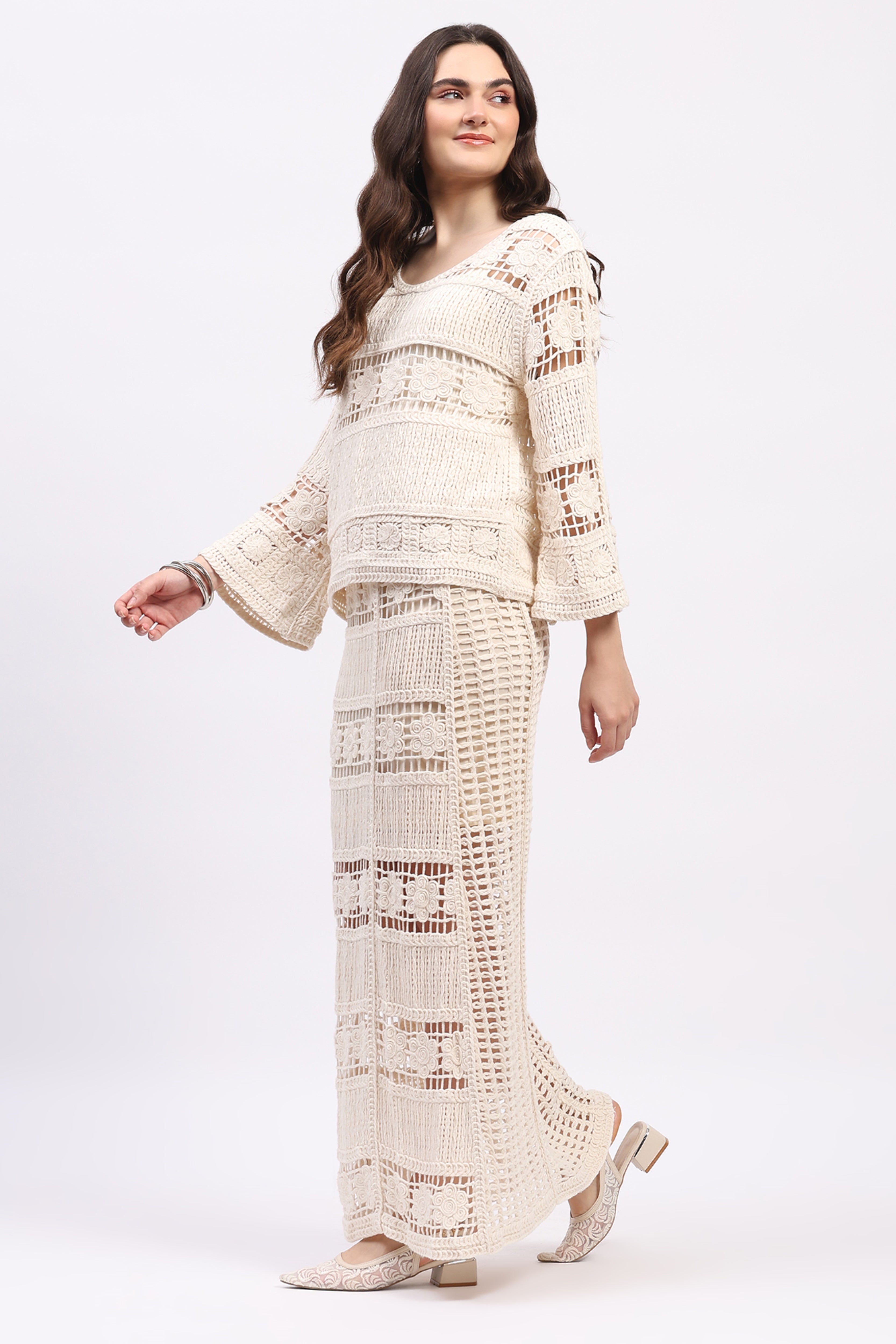 Off-White Crochet Top & Maxi Skirt Set