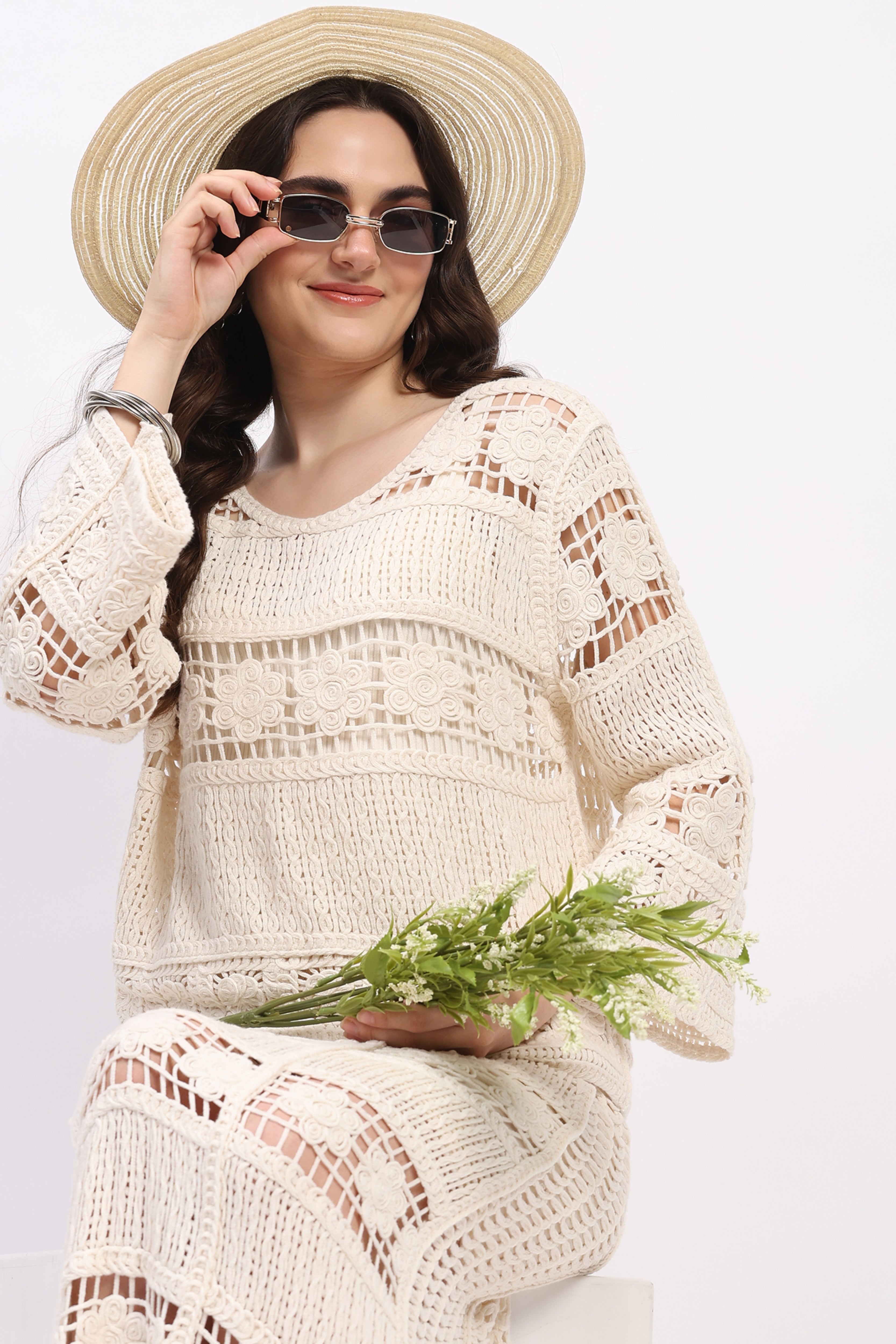 Off-White Crochet Top & Maxi Skirt Set