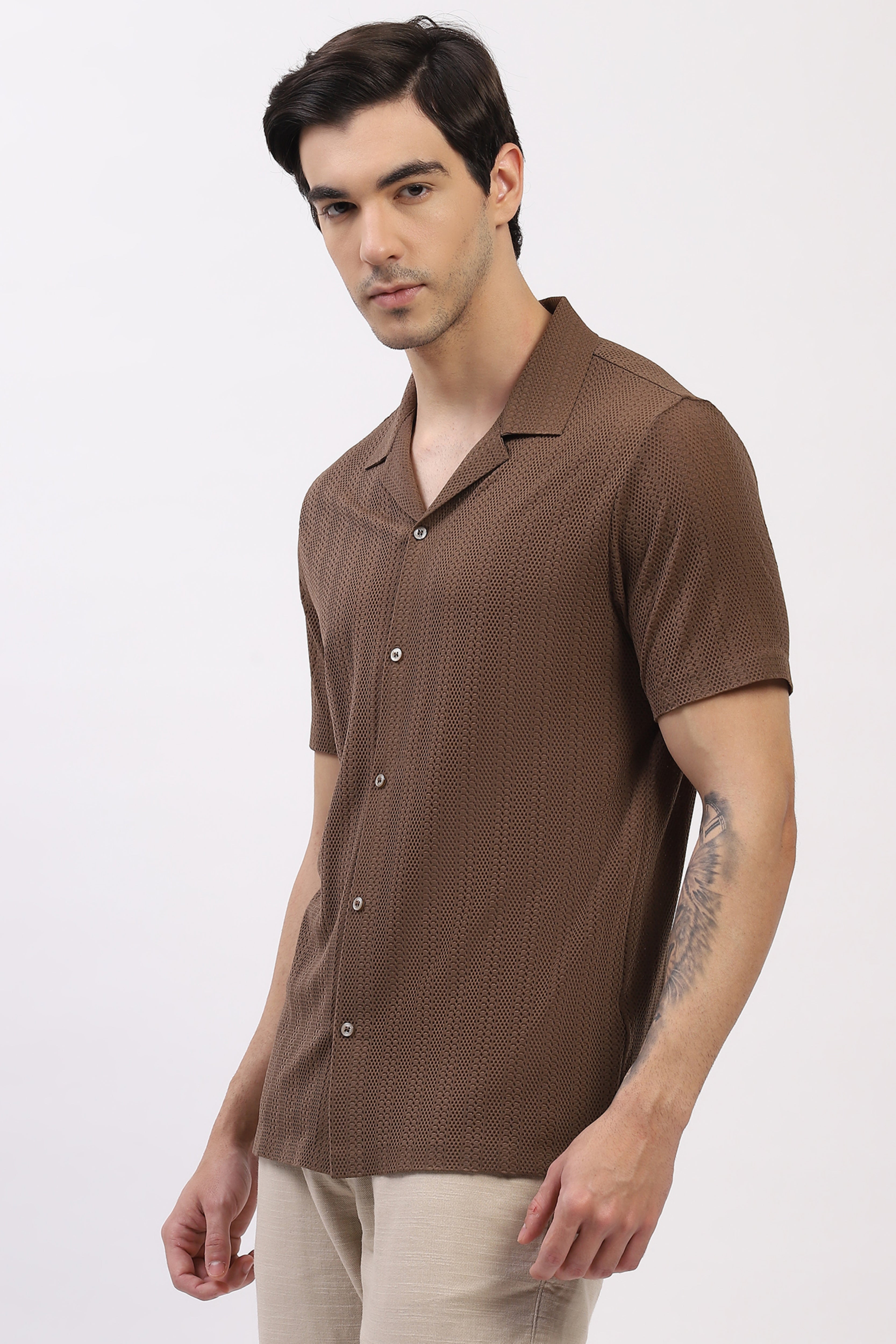 Brown Textured Cuban Collar Shirt