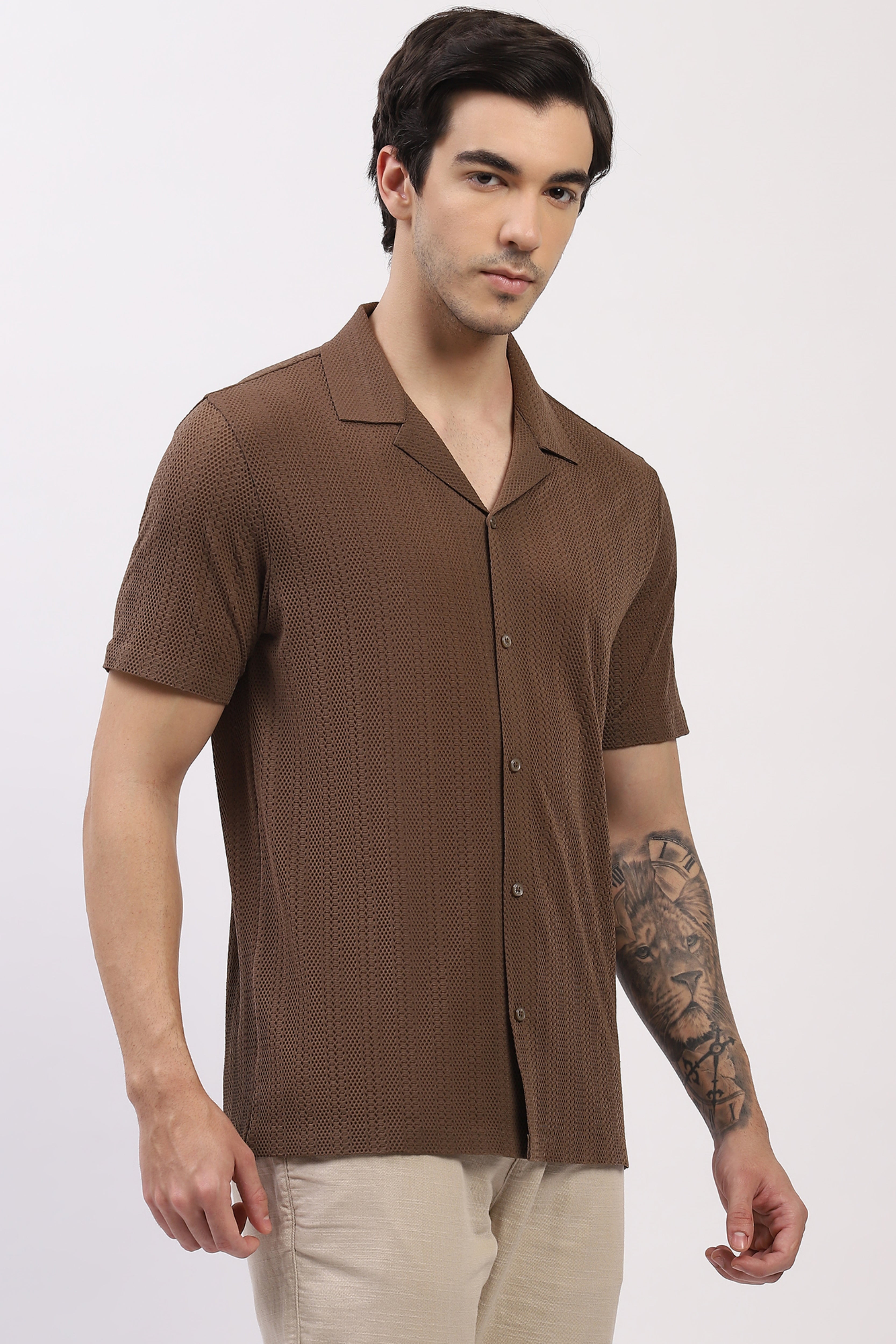 Brown Textured Cuban Collar Shirt