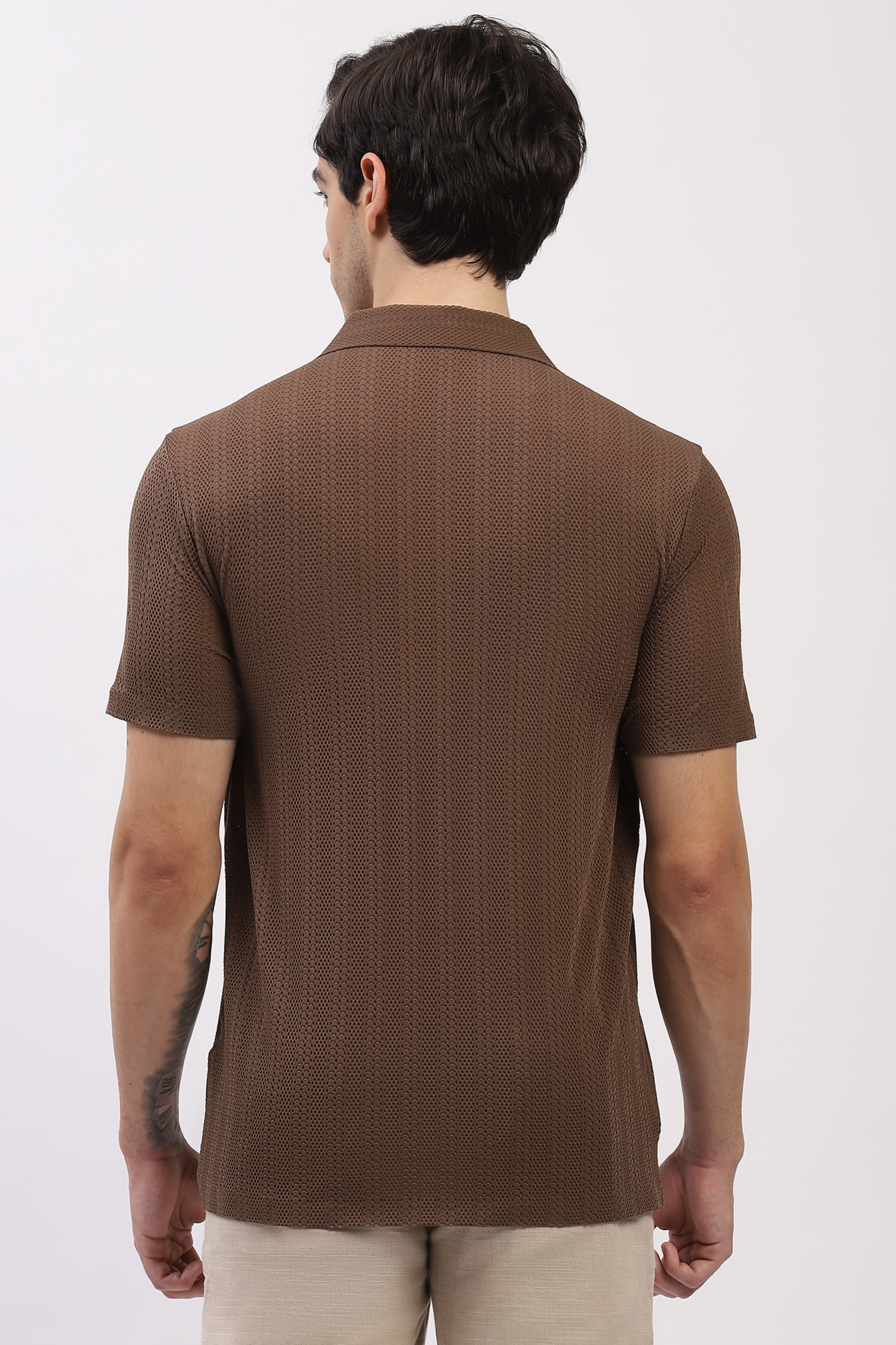 Brown Textured Cuban Collar Shirt