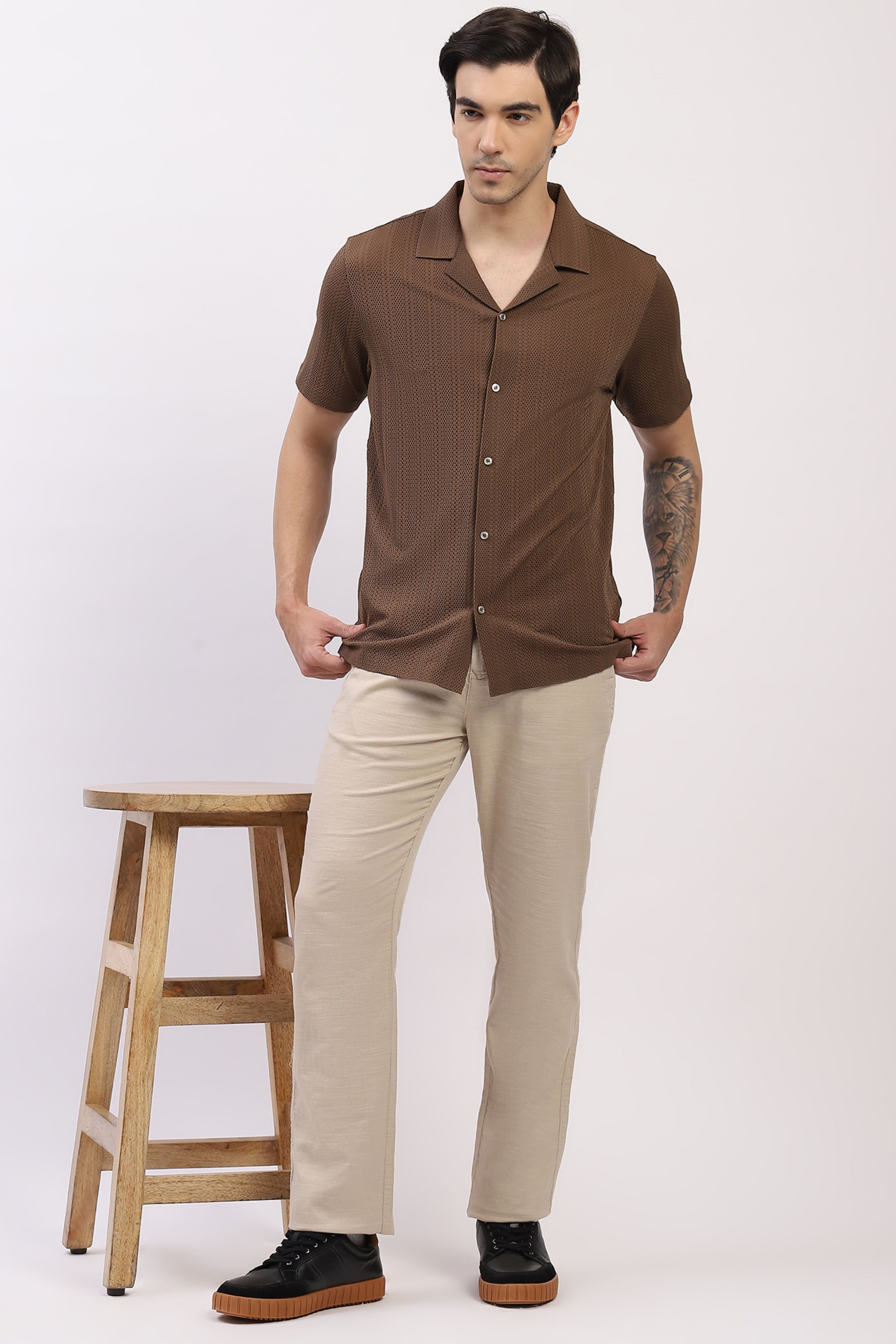 Brown Textured Cuban Collar Shirt