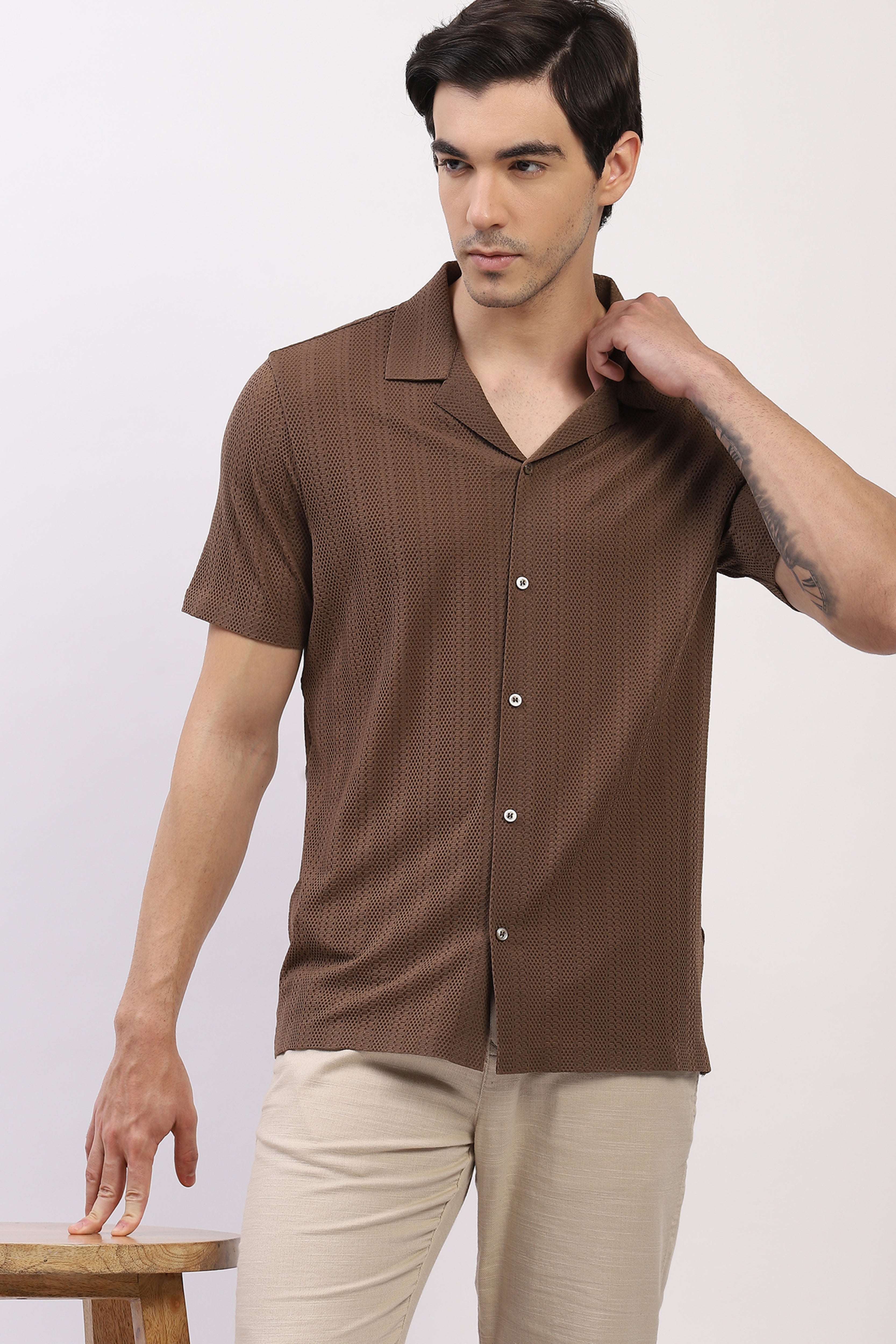 Brown Textured Cuban Collar Shirt