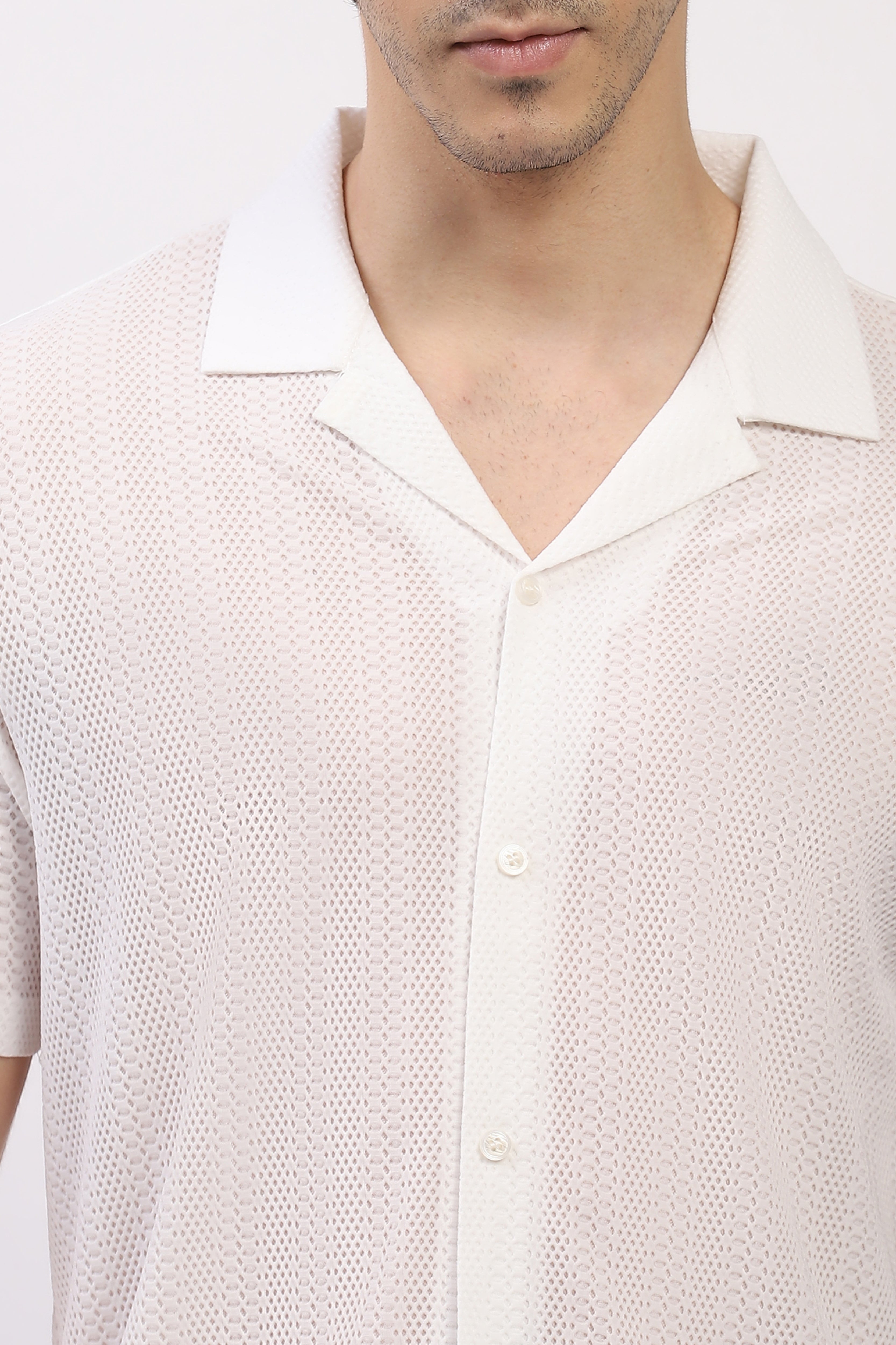 Off-White Textured Cuban Collar Shirt