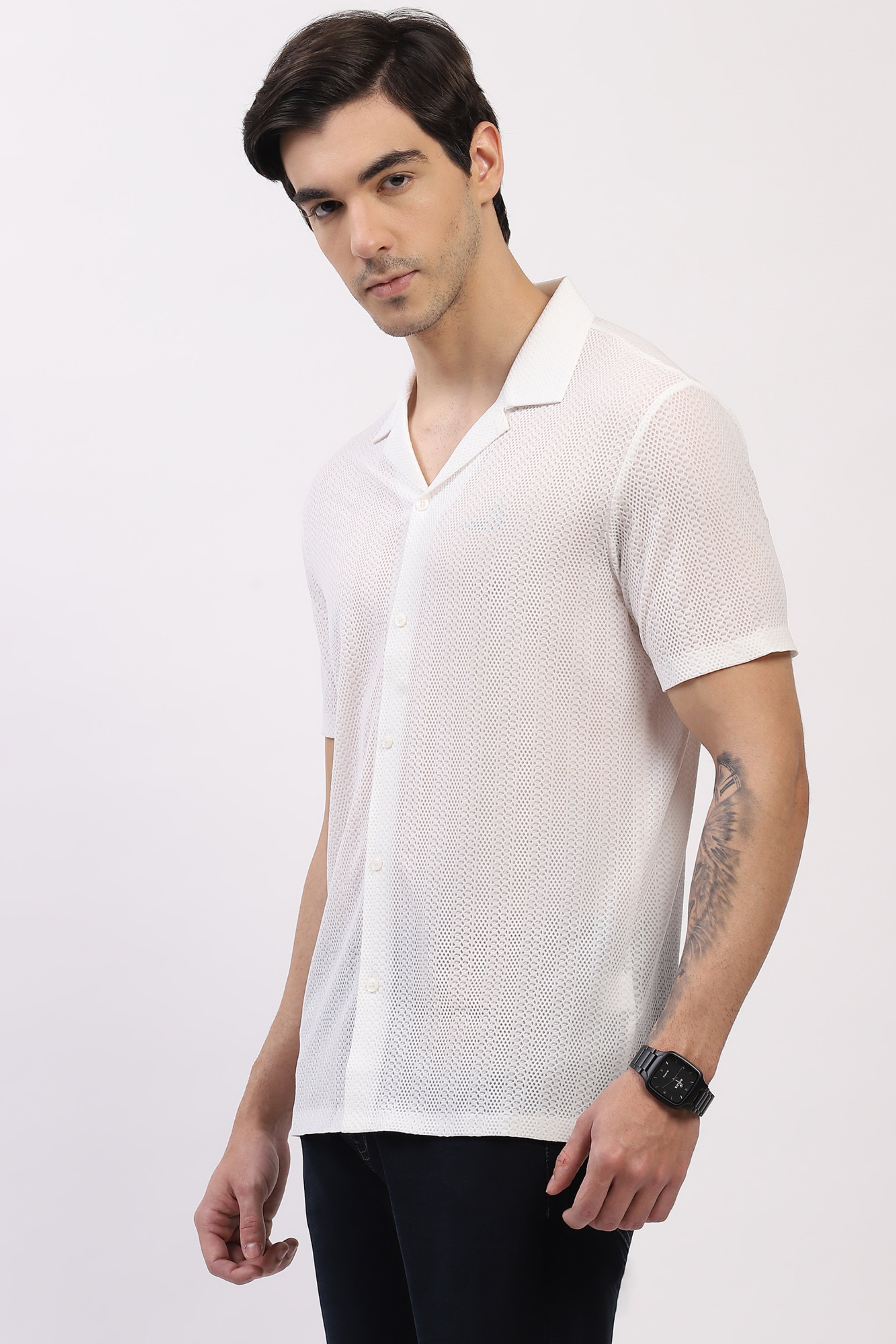 Off-White Textured Cuban Collar Shirt
