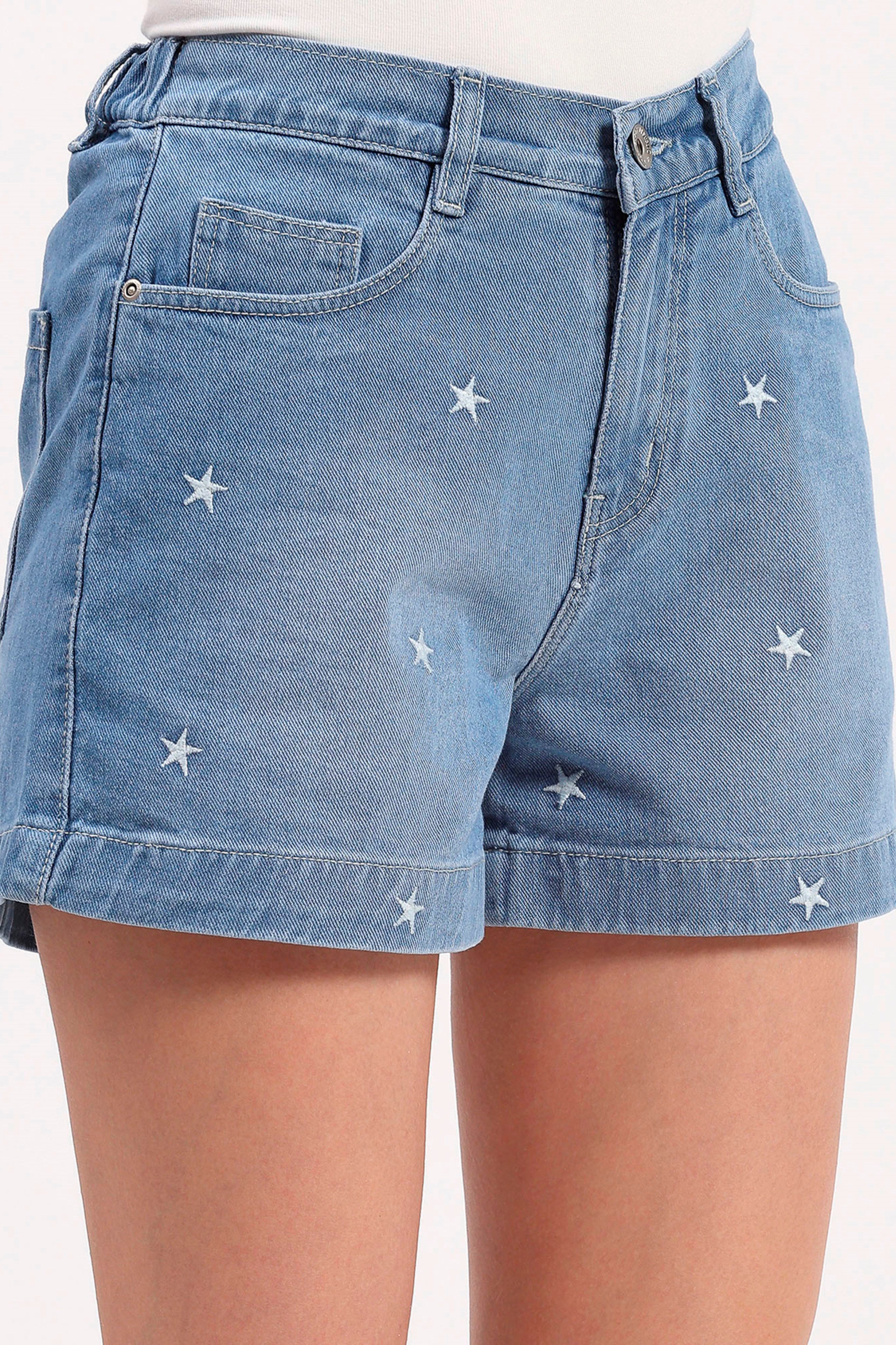 Light Blue Star Embroidered Shorts