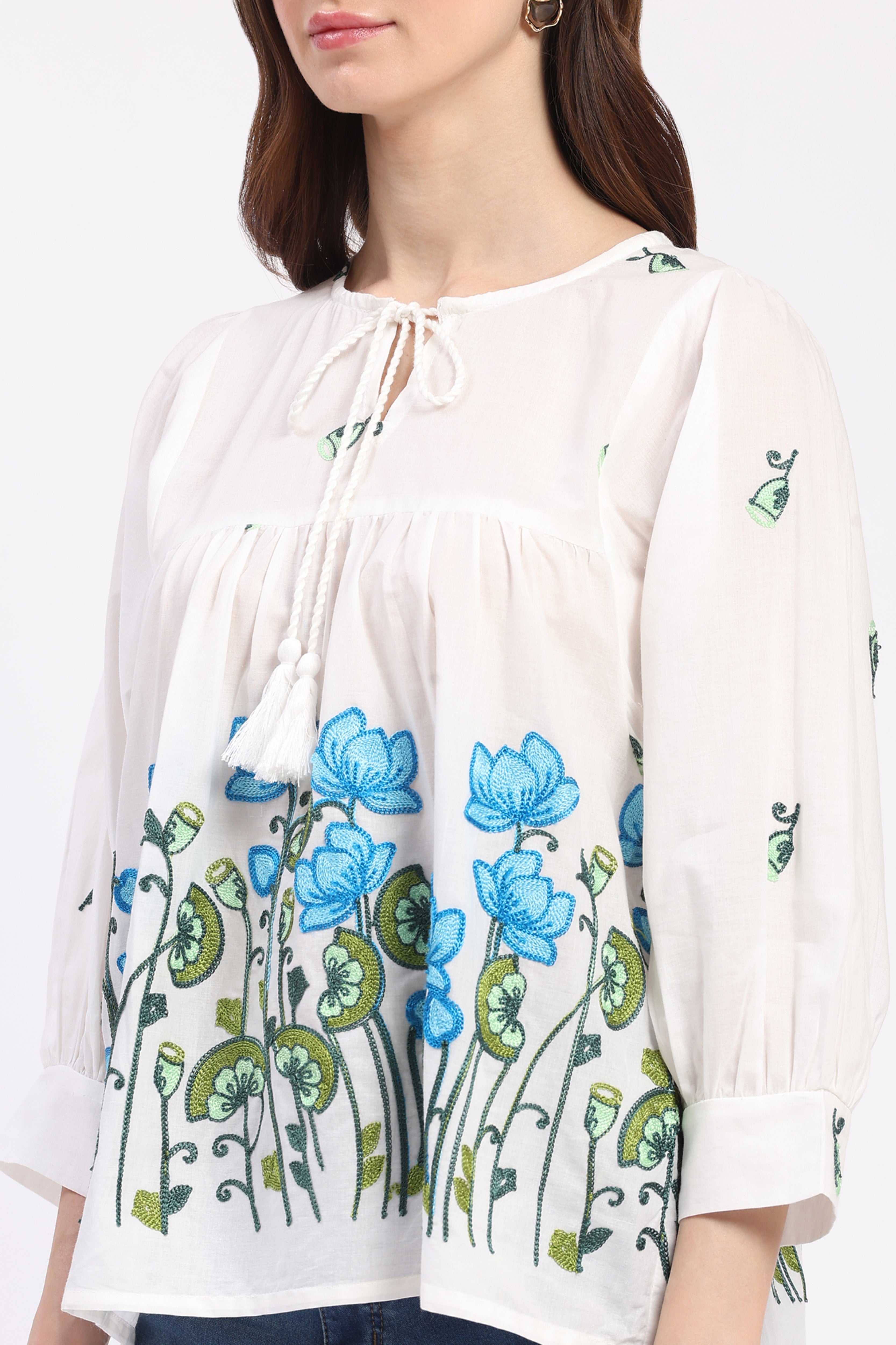 White Floral Embroidered Cotton Top