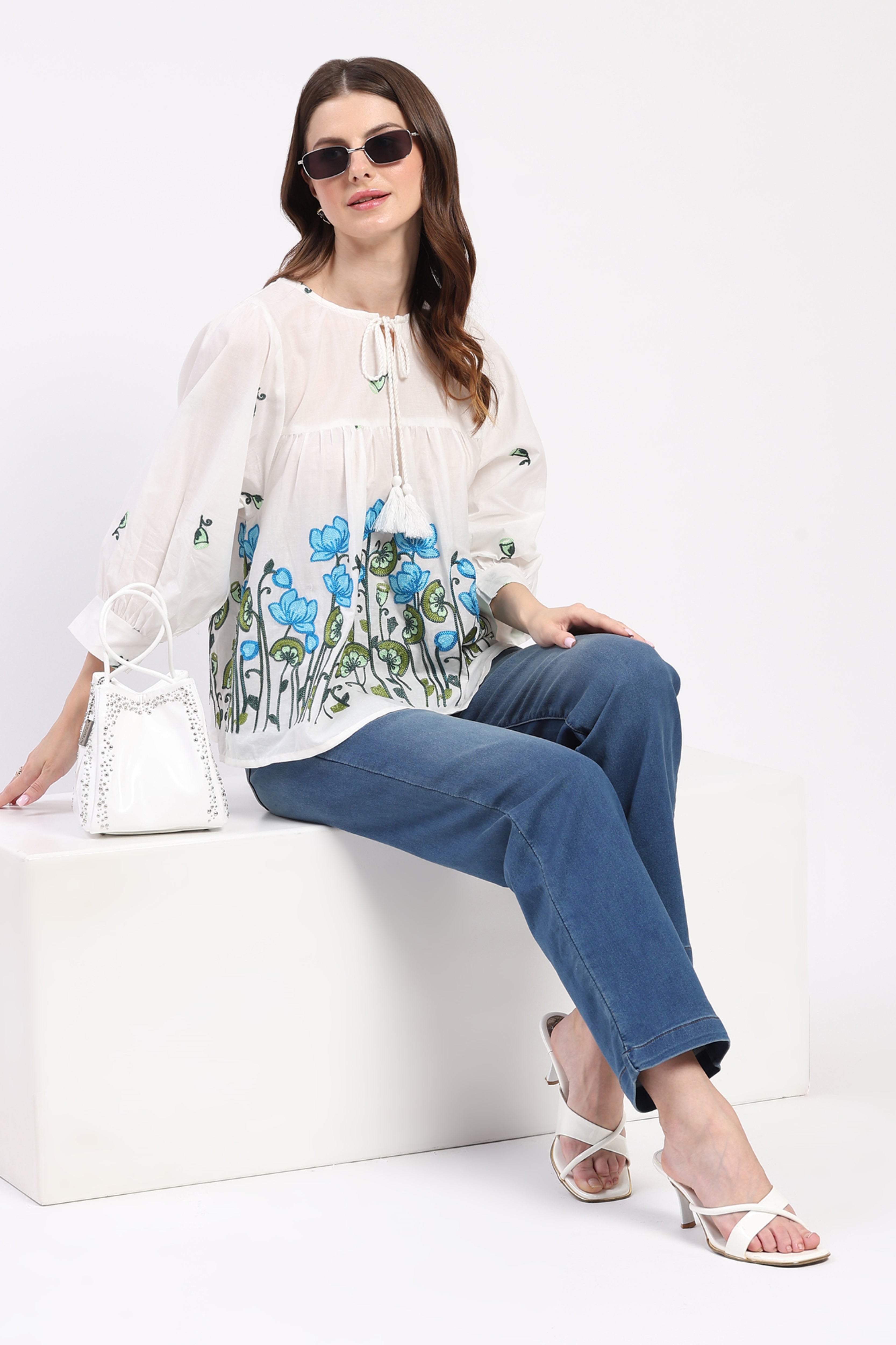 White Floral Embroidered Cotton Top