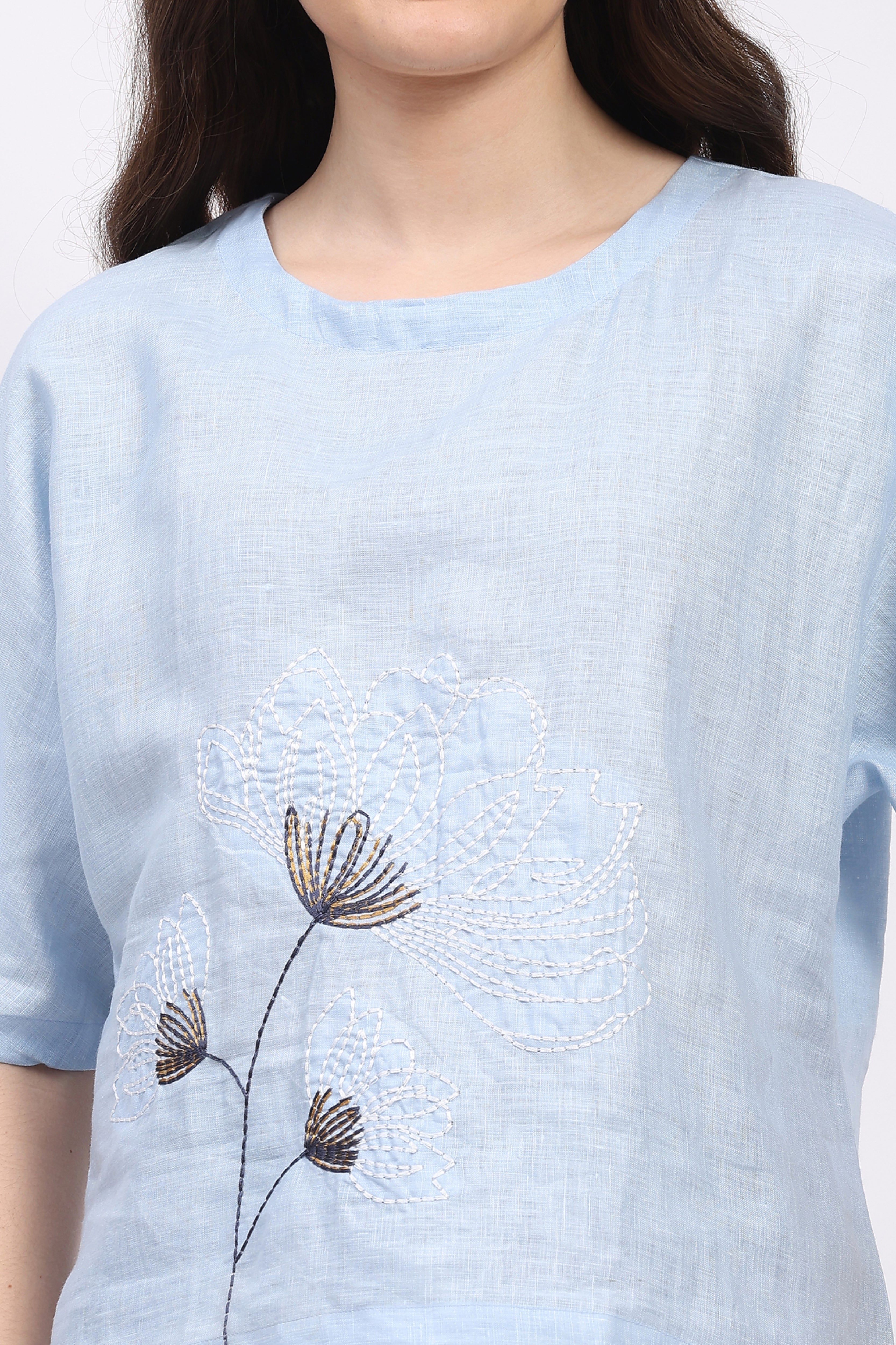 Blue Embroidered Linen Top