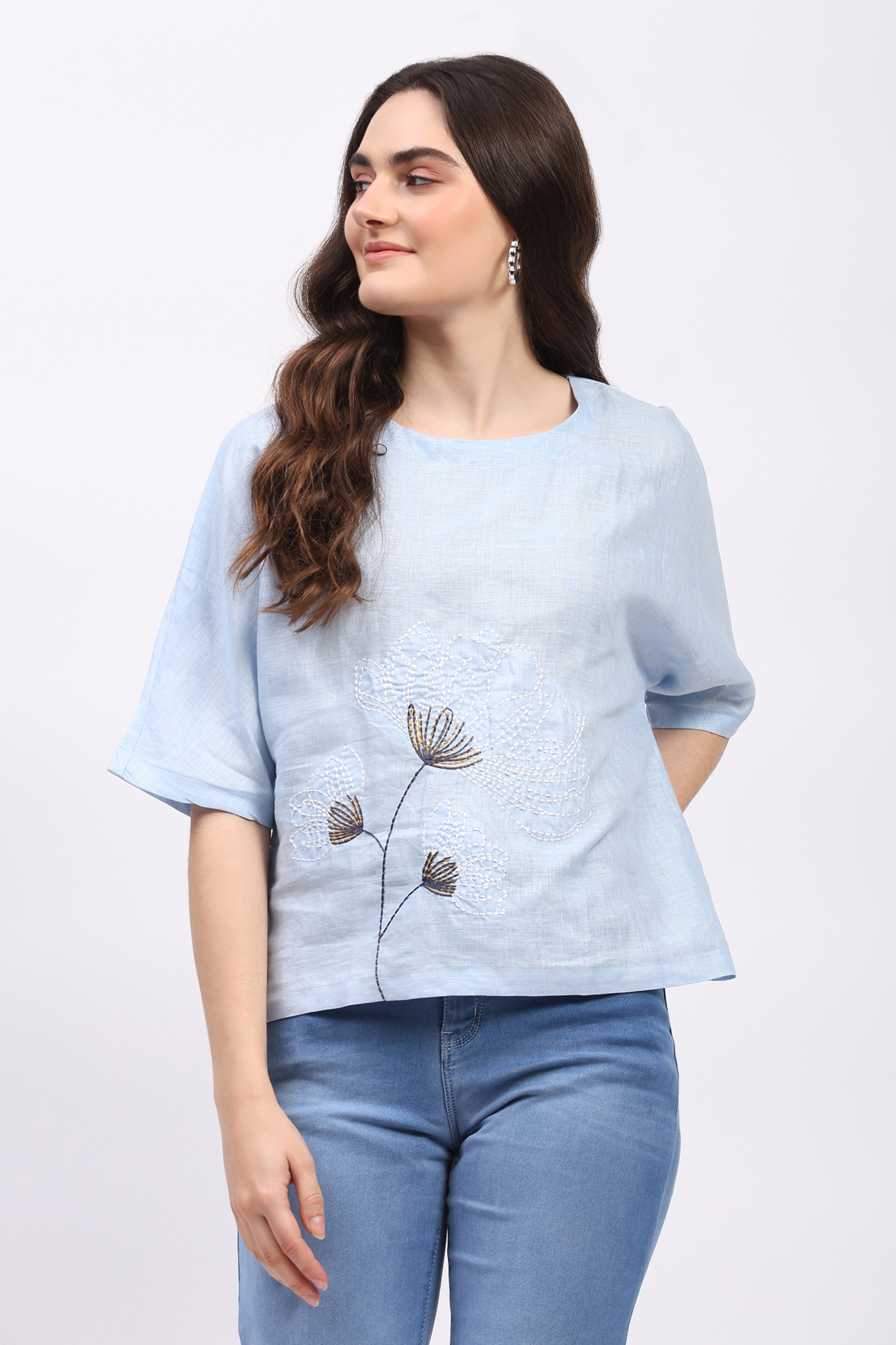 Blue Embroidered Linen Top