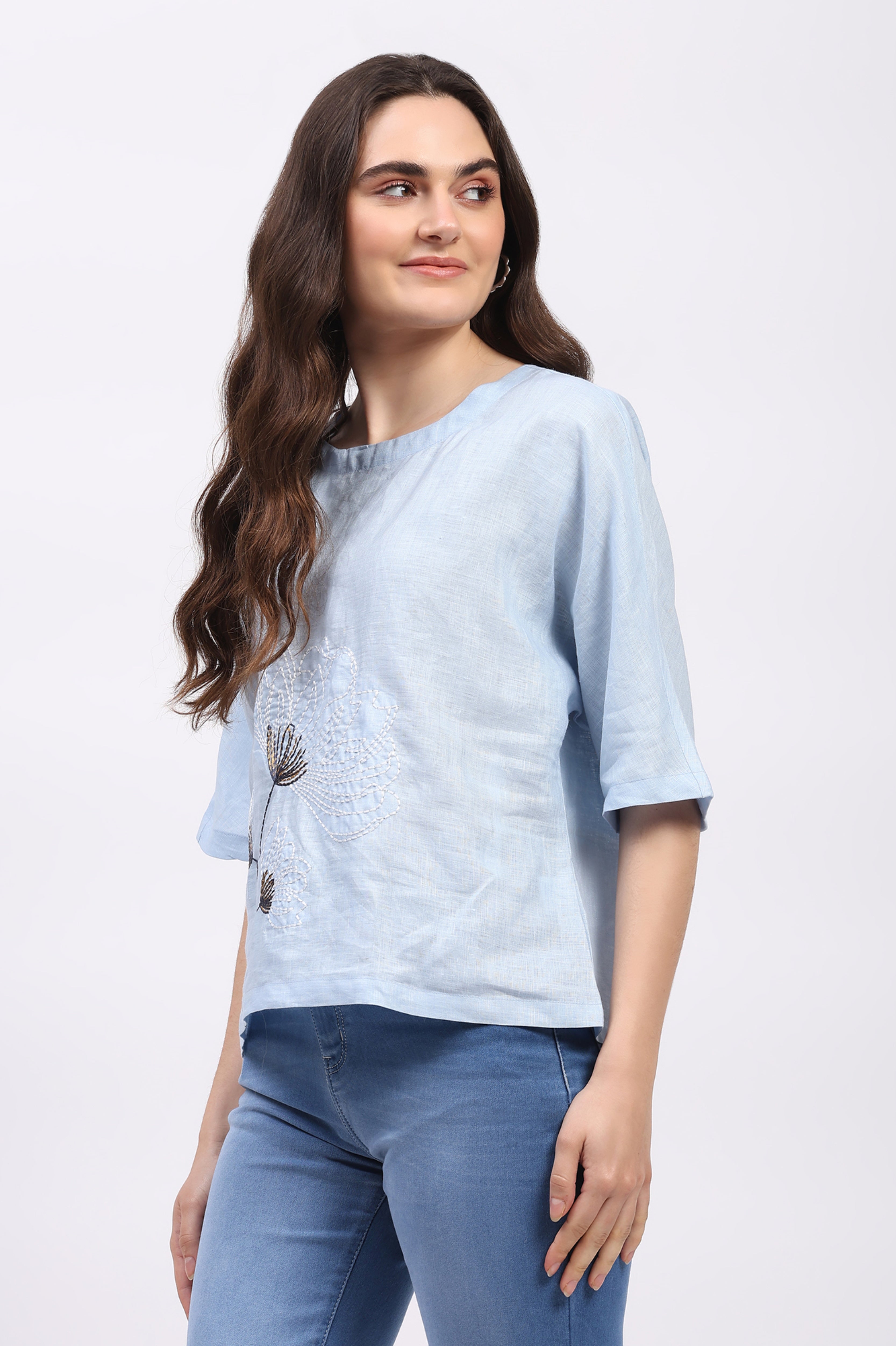 Blue Embroidered Linen Top