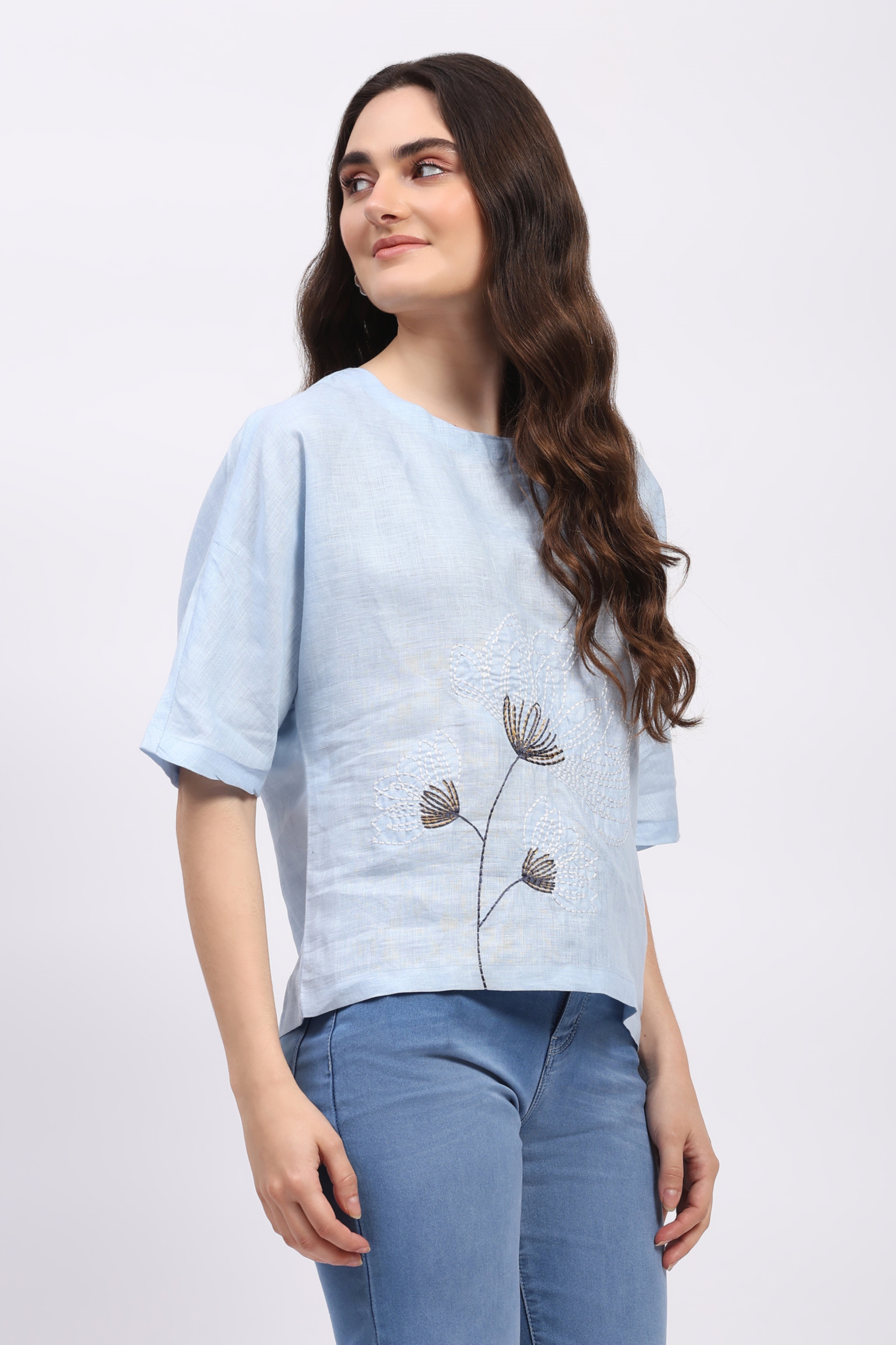 Blue Embroidered Linen Top