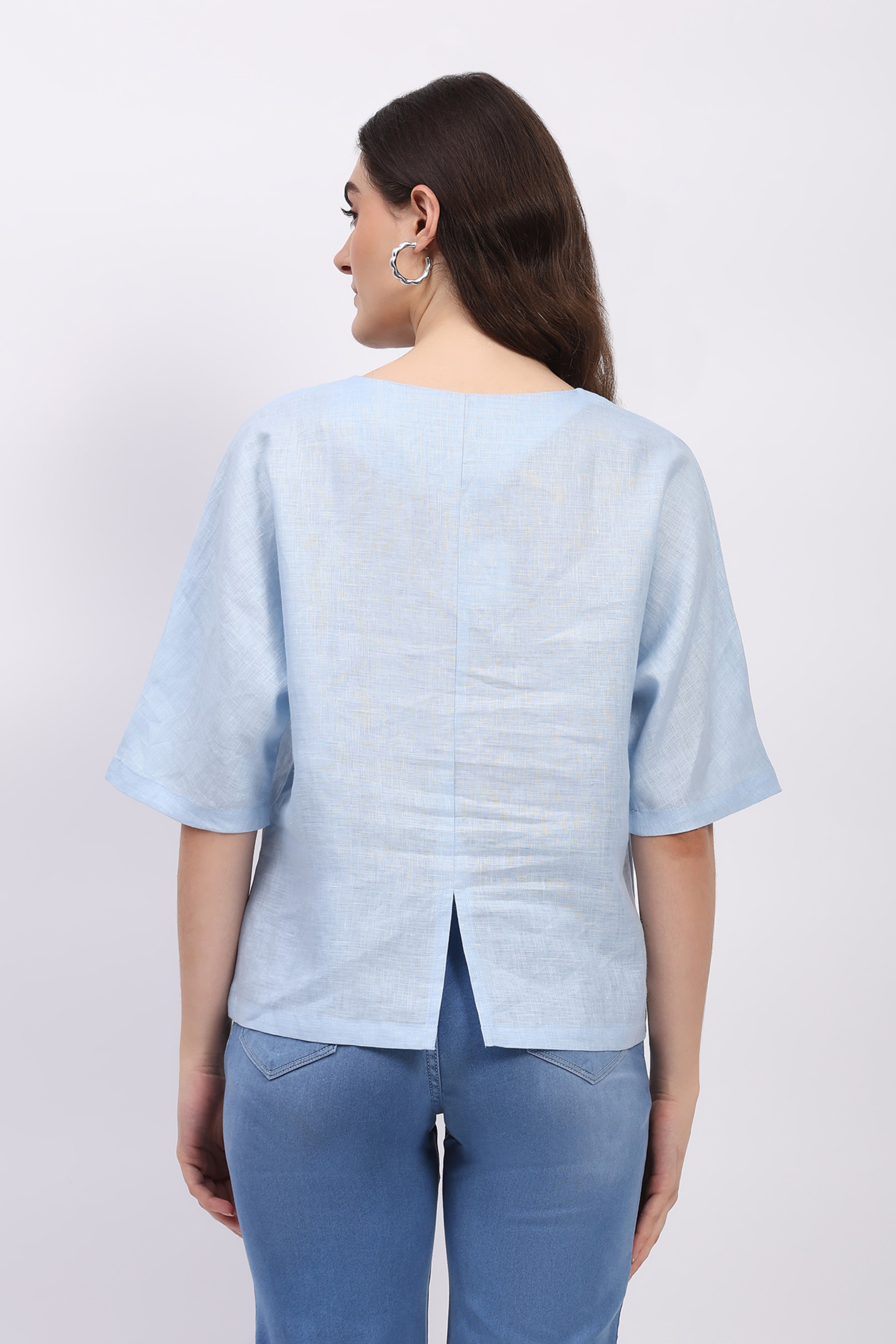 Blue Embroidered Linen Top