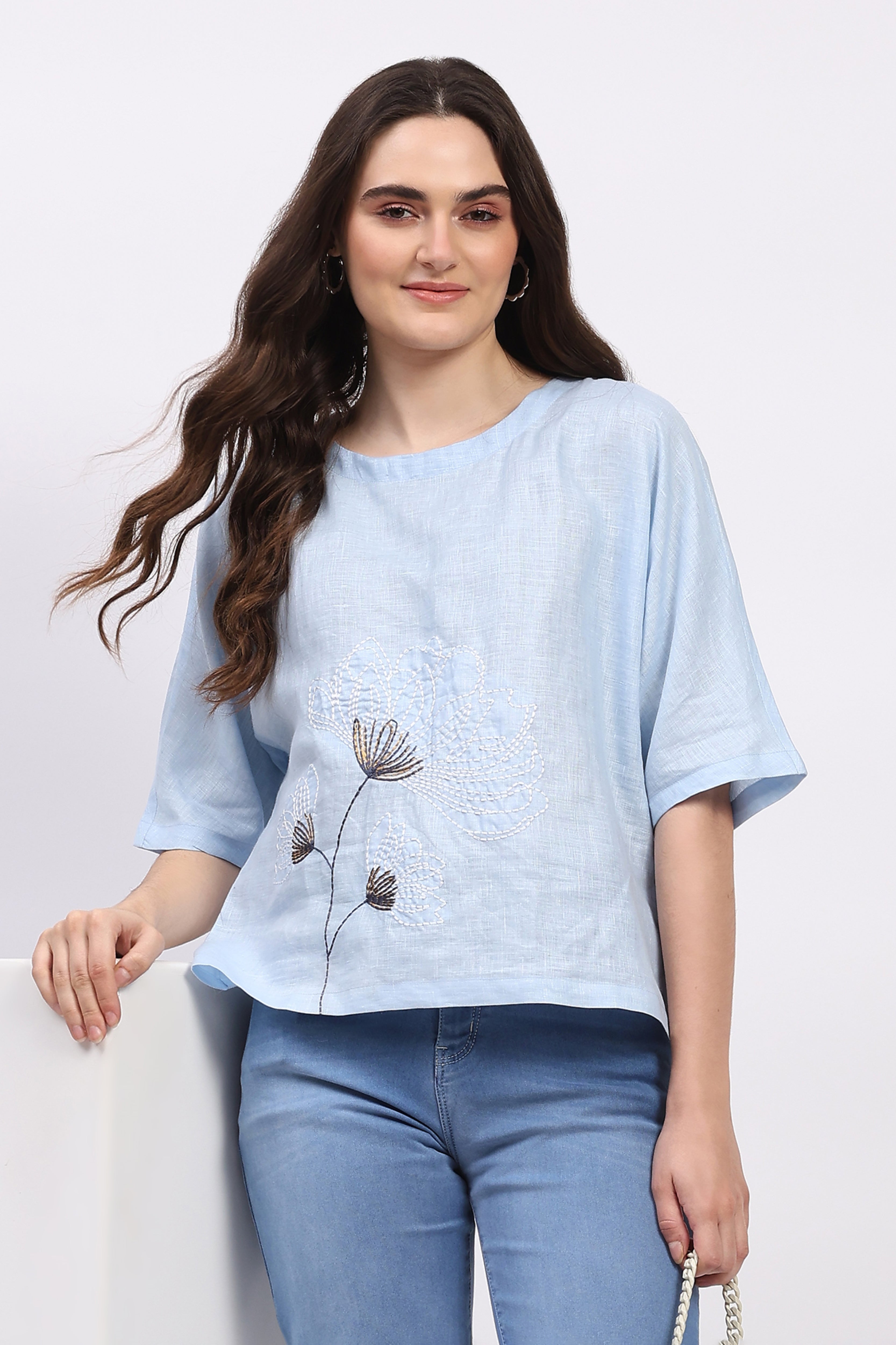 Blue Embroidered Linen Top
