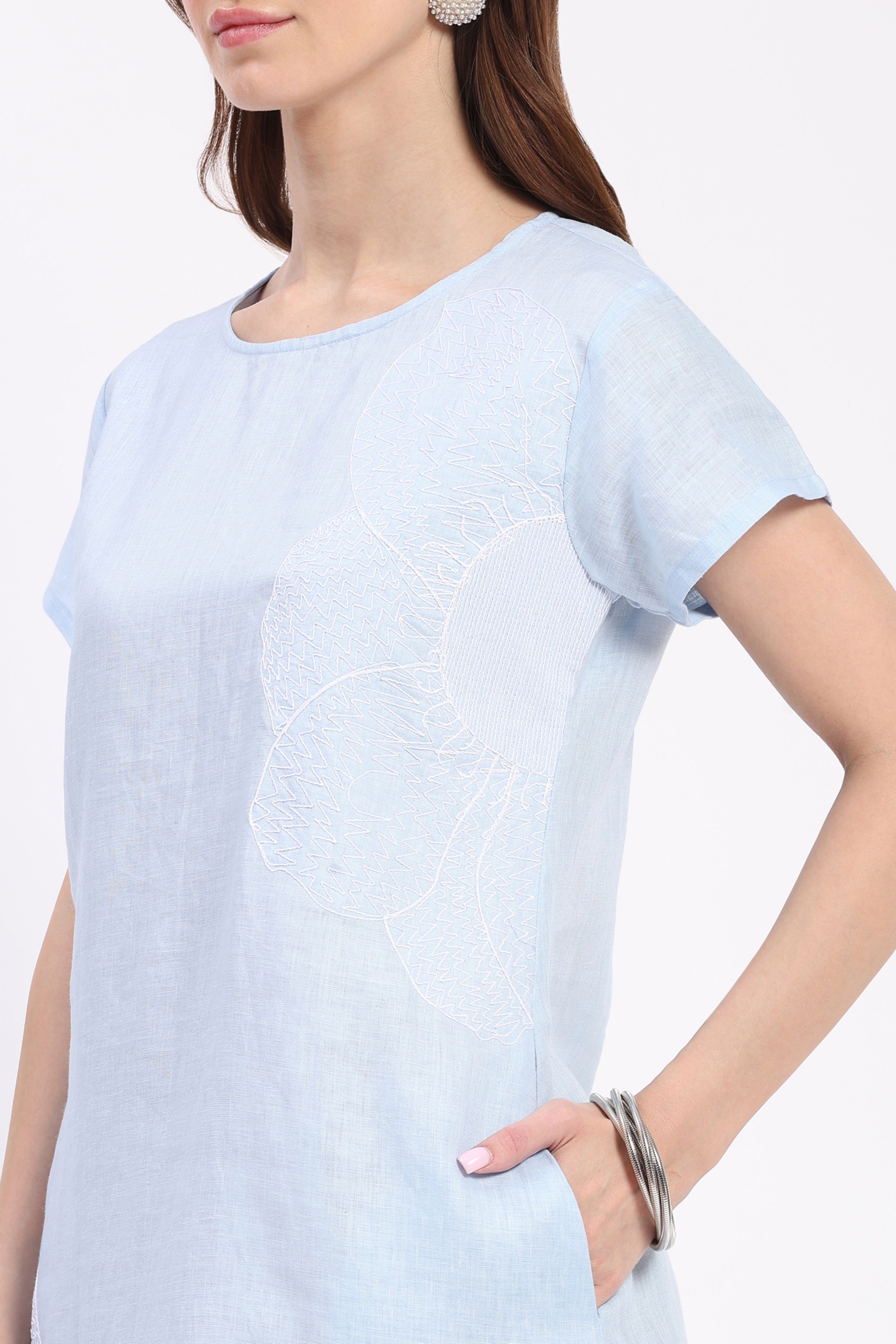 Sky Blue Embroidered Linen Dress