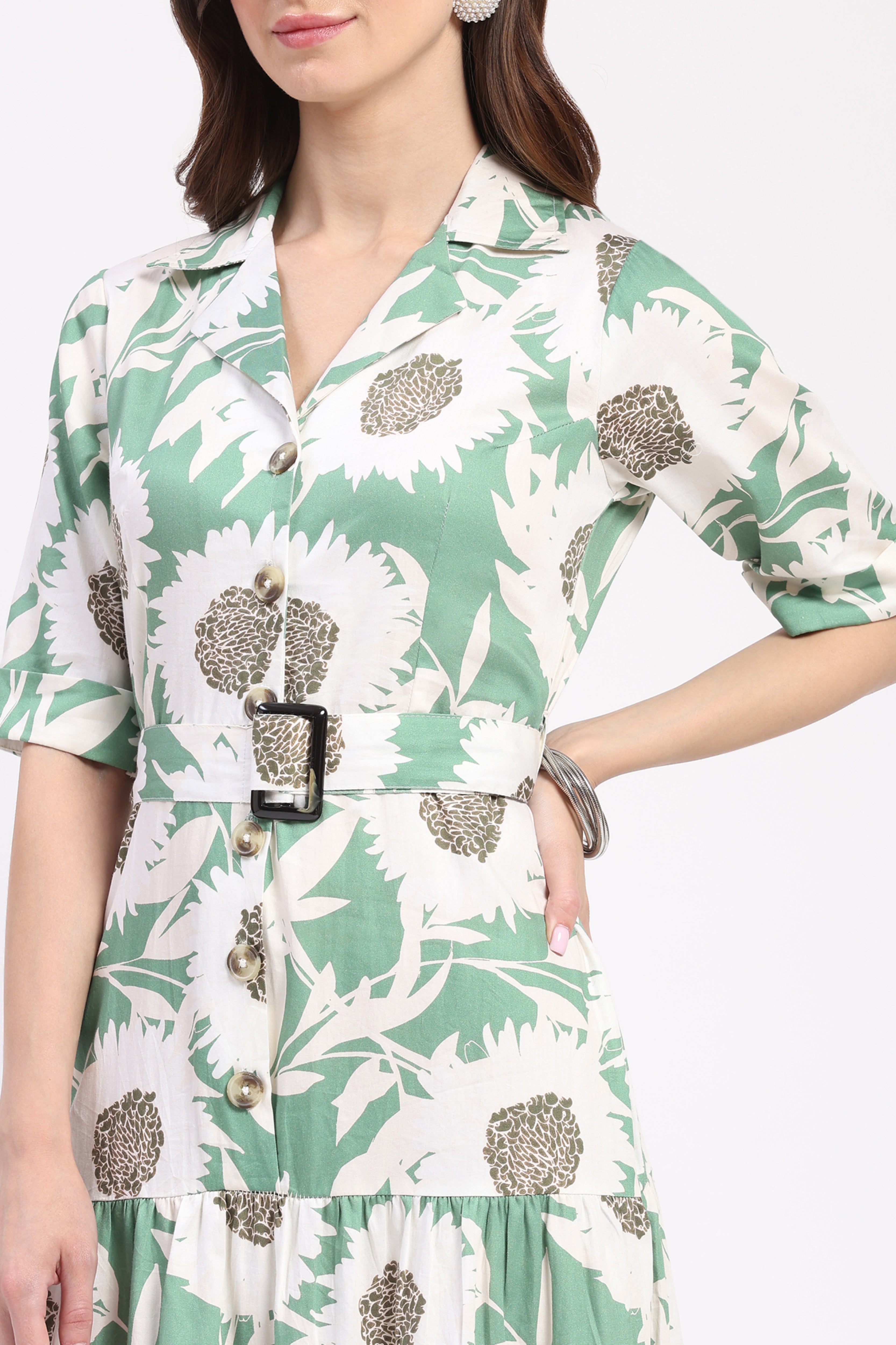 Sage Green Floral Tiered Midi Dress