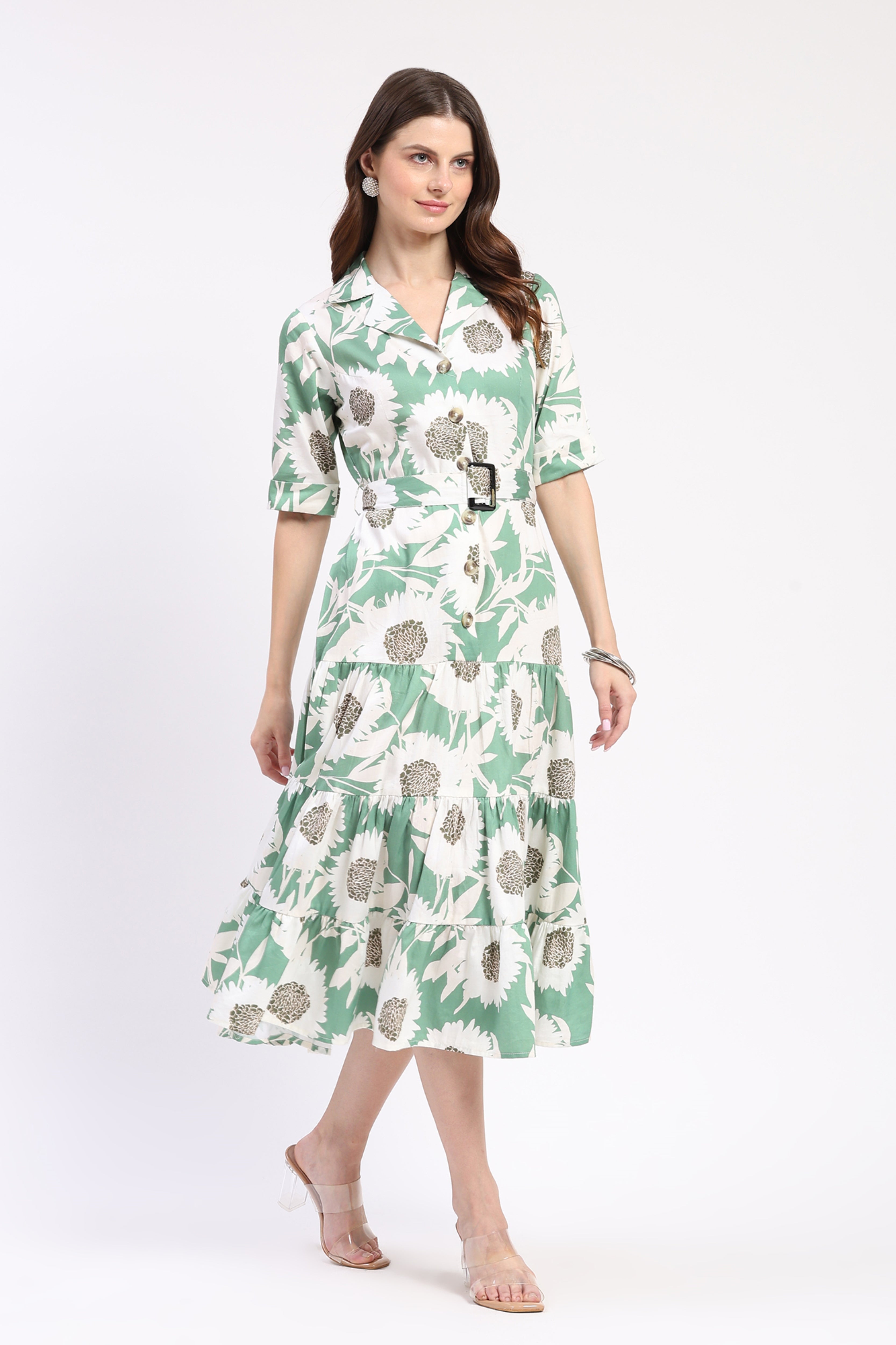 Sage Green Floral Tiered Midi Dress
