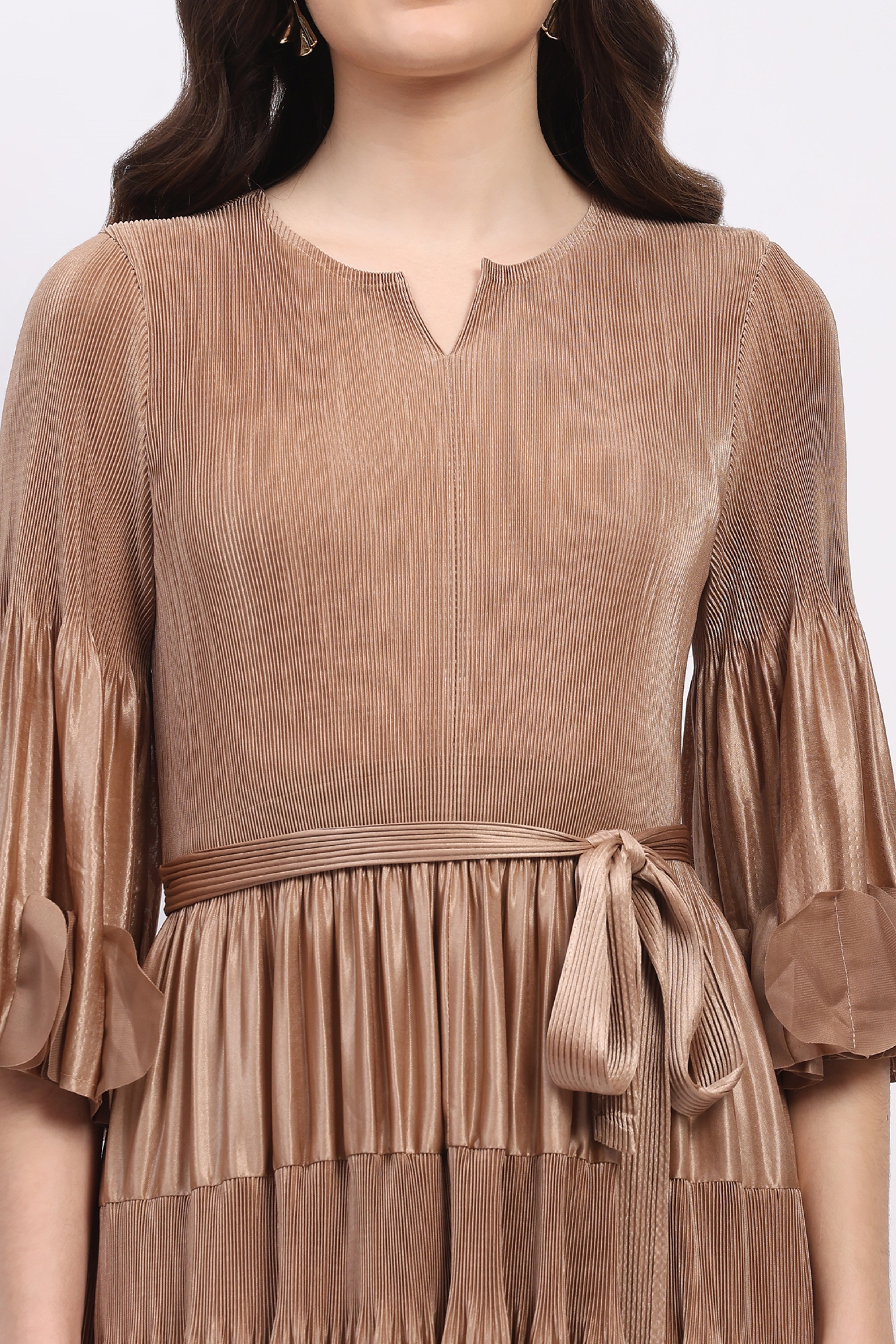 Beige Pleated Fit & Flare Midi Dress