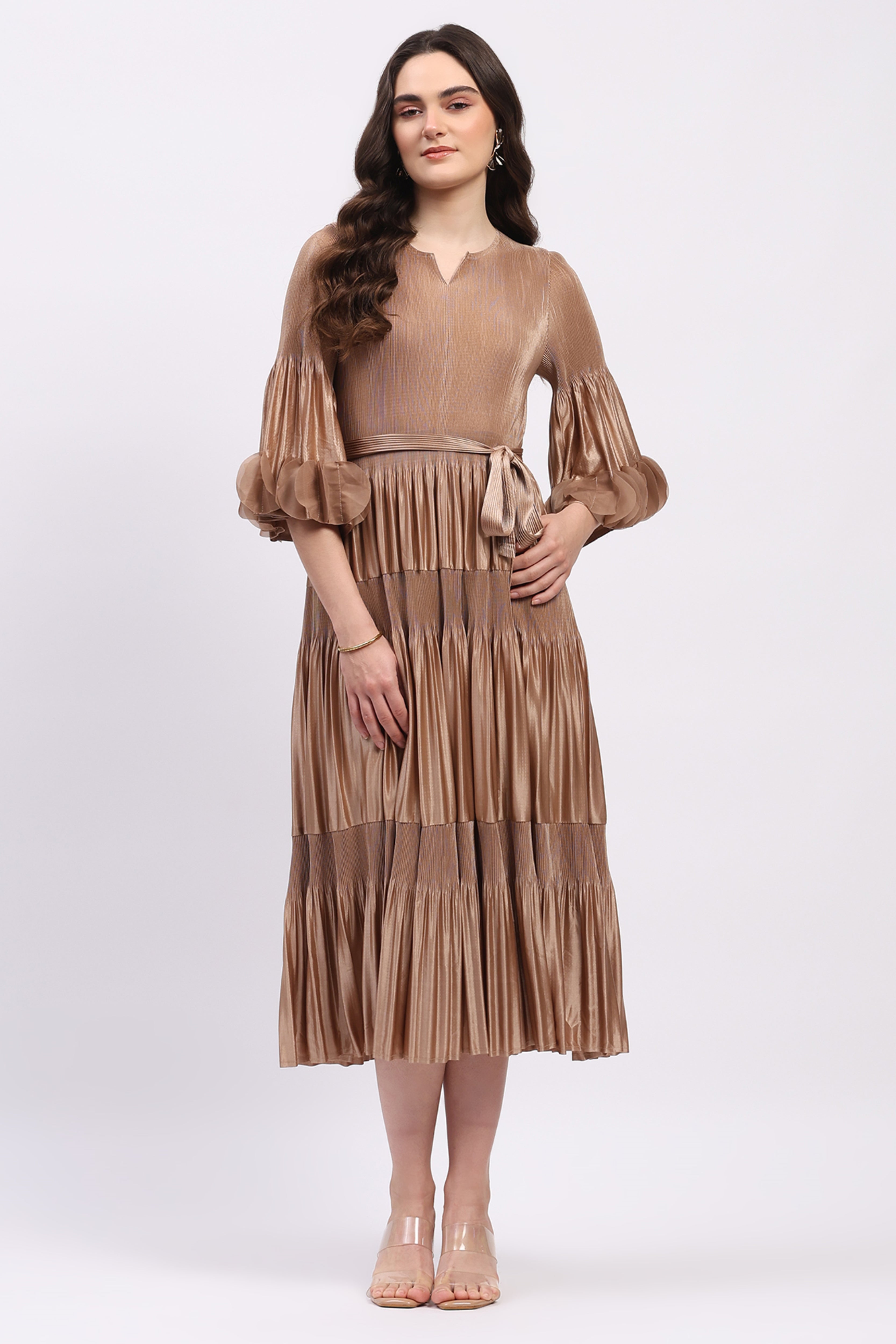Beige Pleated Fit & Flare Midi Dress