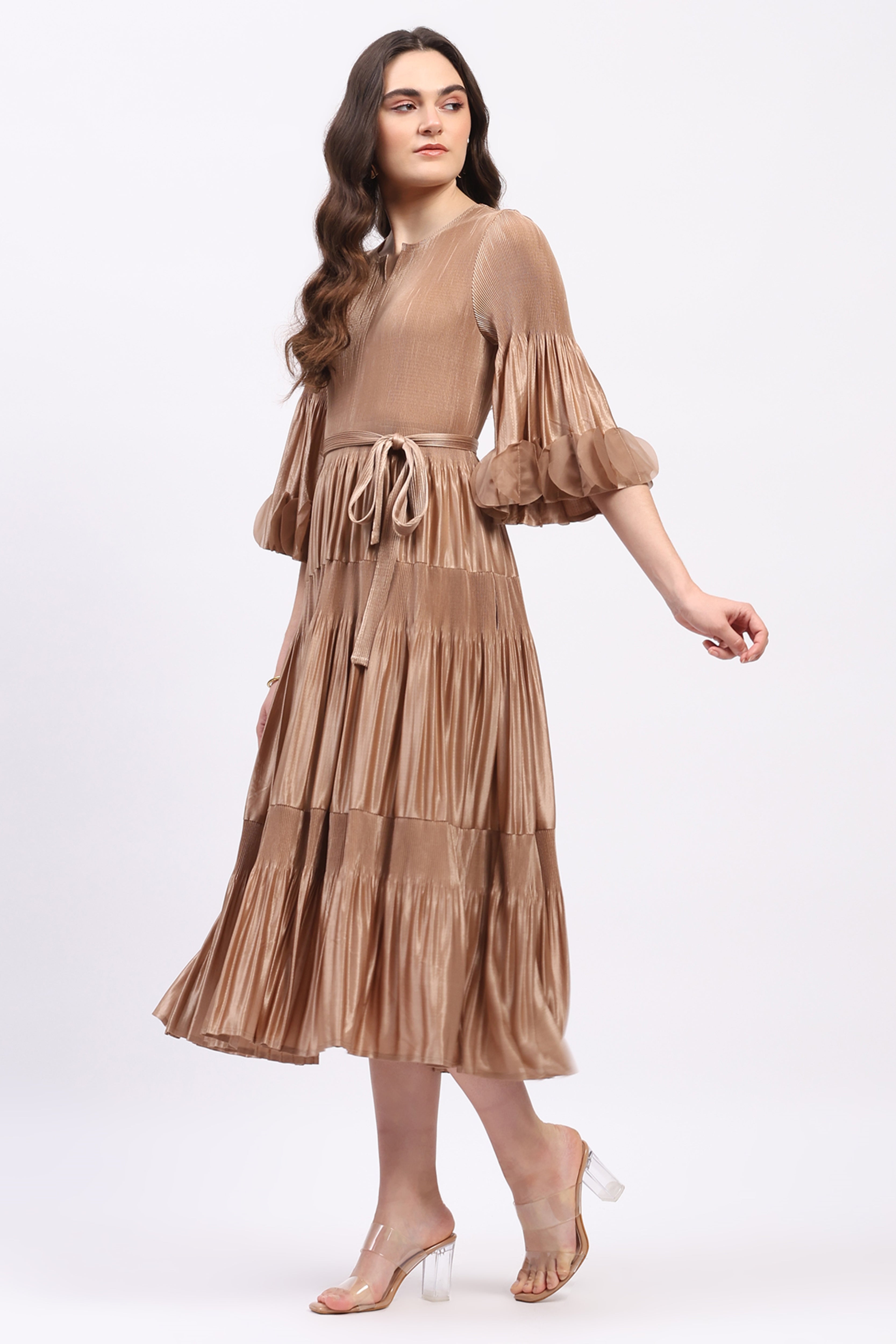 Beige Pleated Fit & Flare Midi Dress