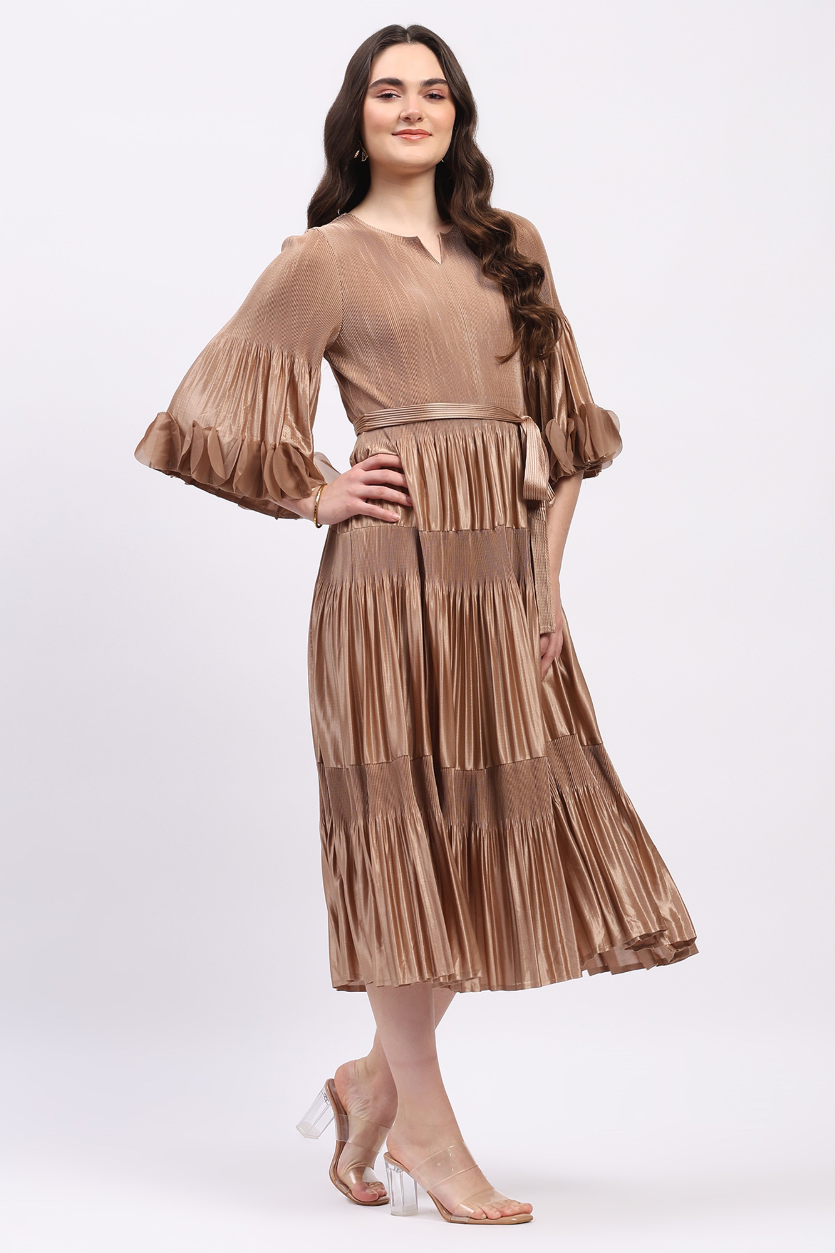 Beige Pleated Fit & Flare Midi Dress