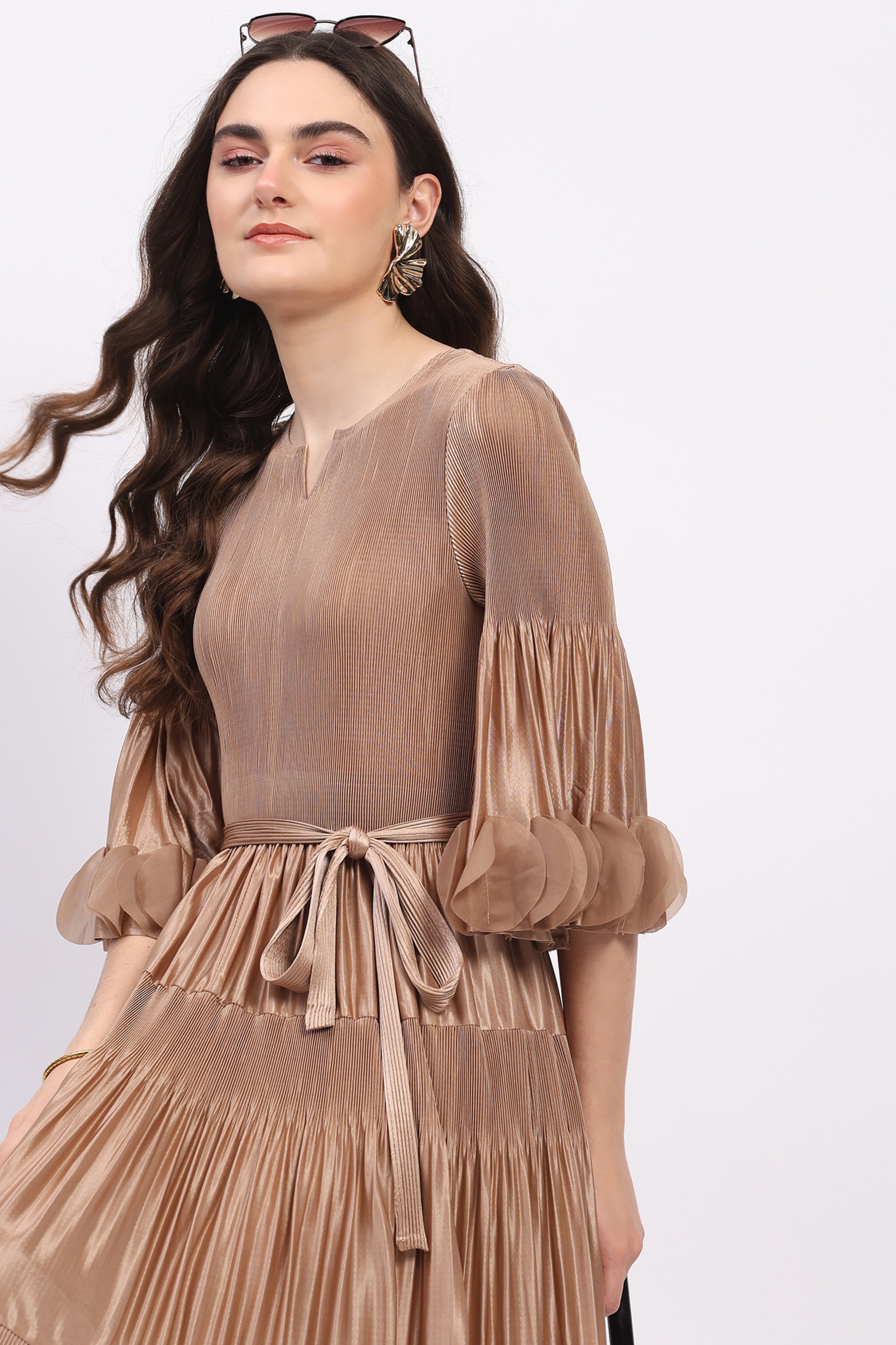 Beige Pleated Fit & Flare Midi Dress