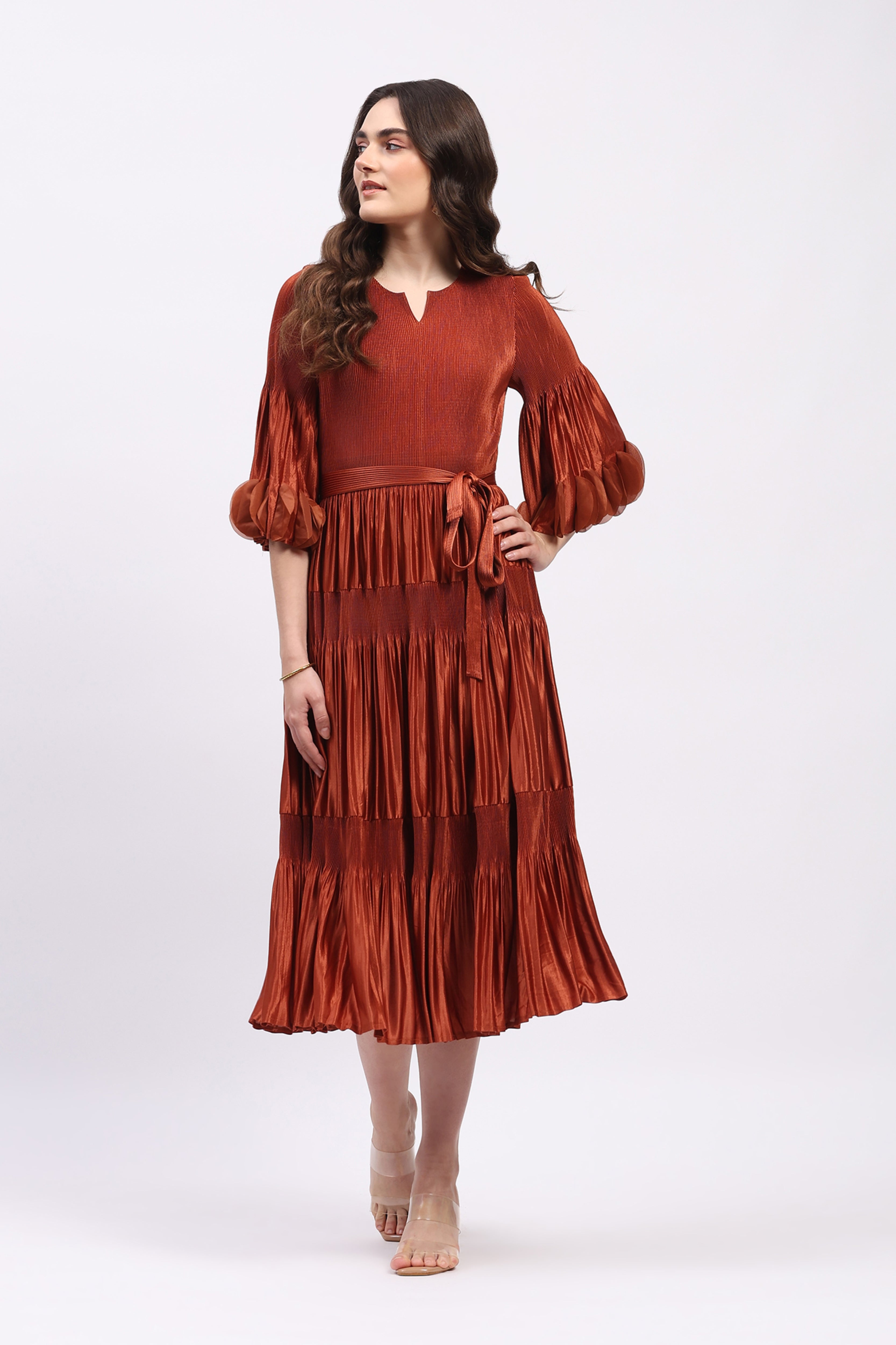 Brick Rust Pleated Fit & Flare Midi Dress