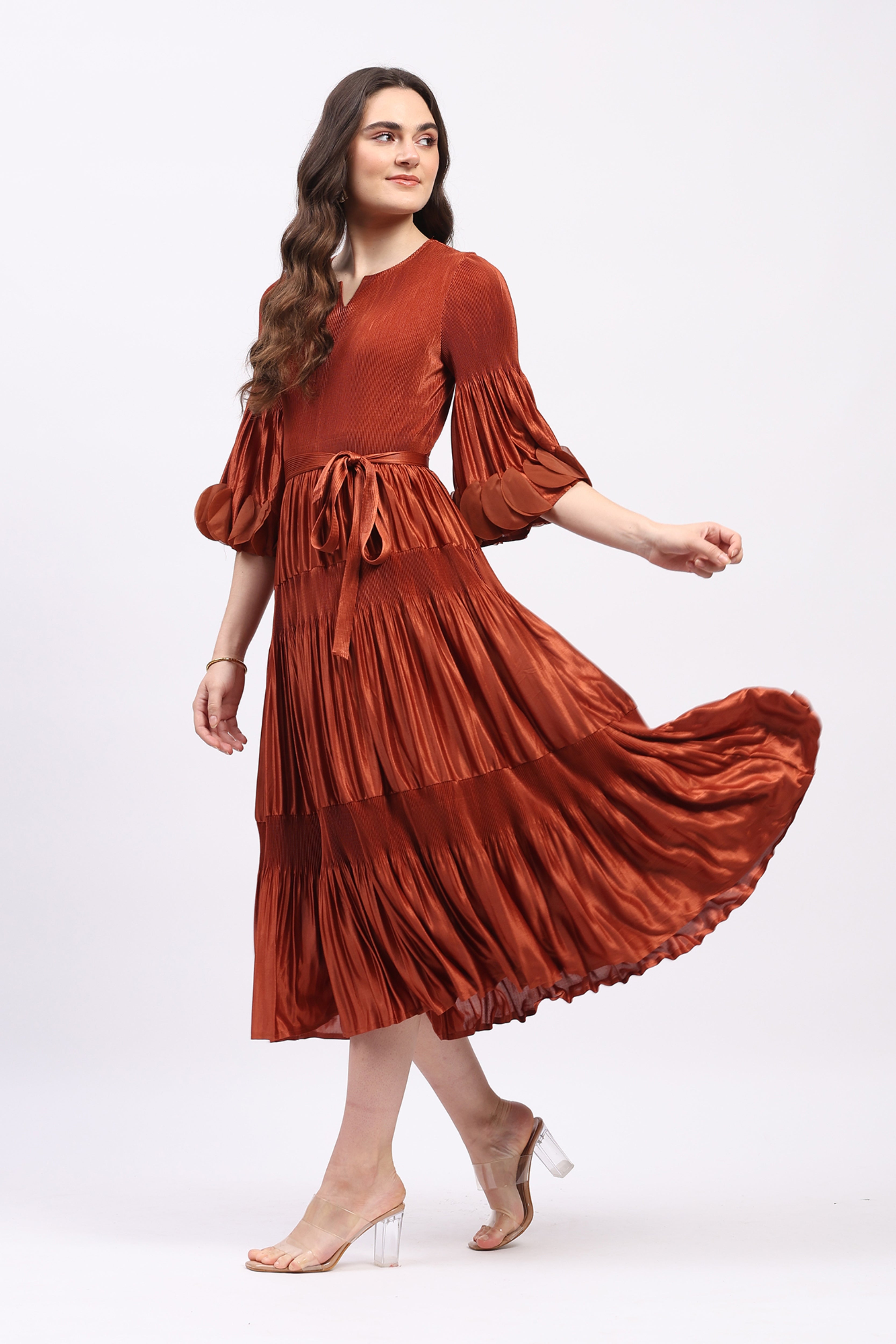 Brick Rust Pleated Fit & Flare Midi Dress