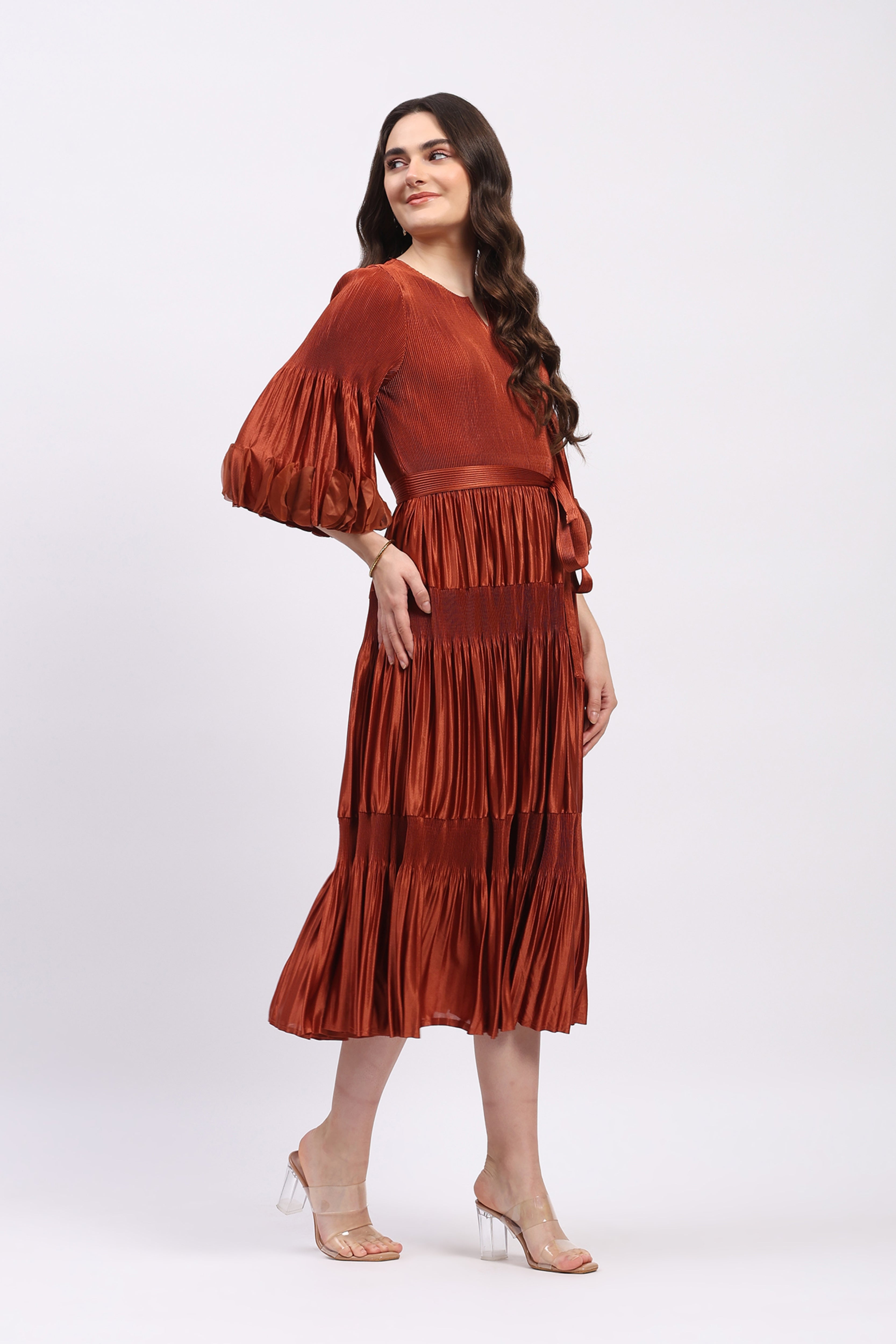 Brick Rust Pleated Fit & Flare Midi Dress