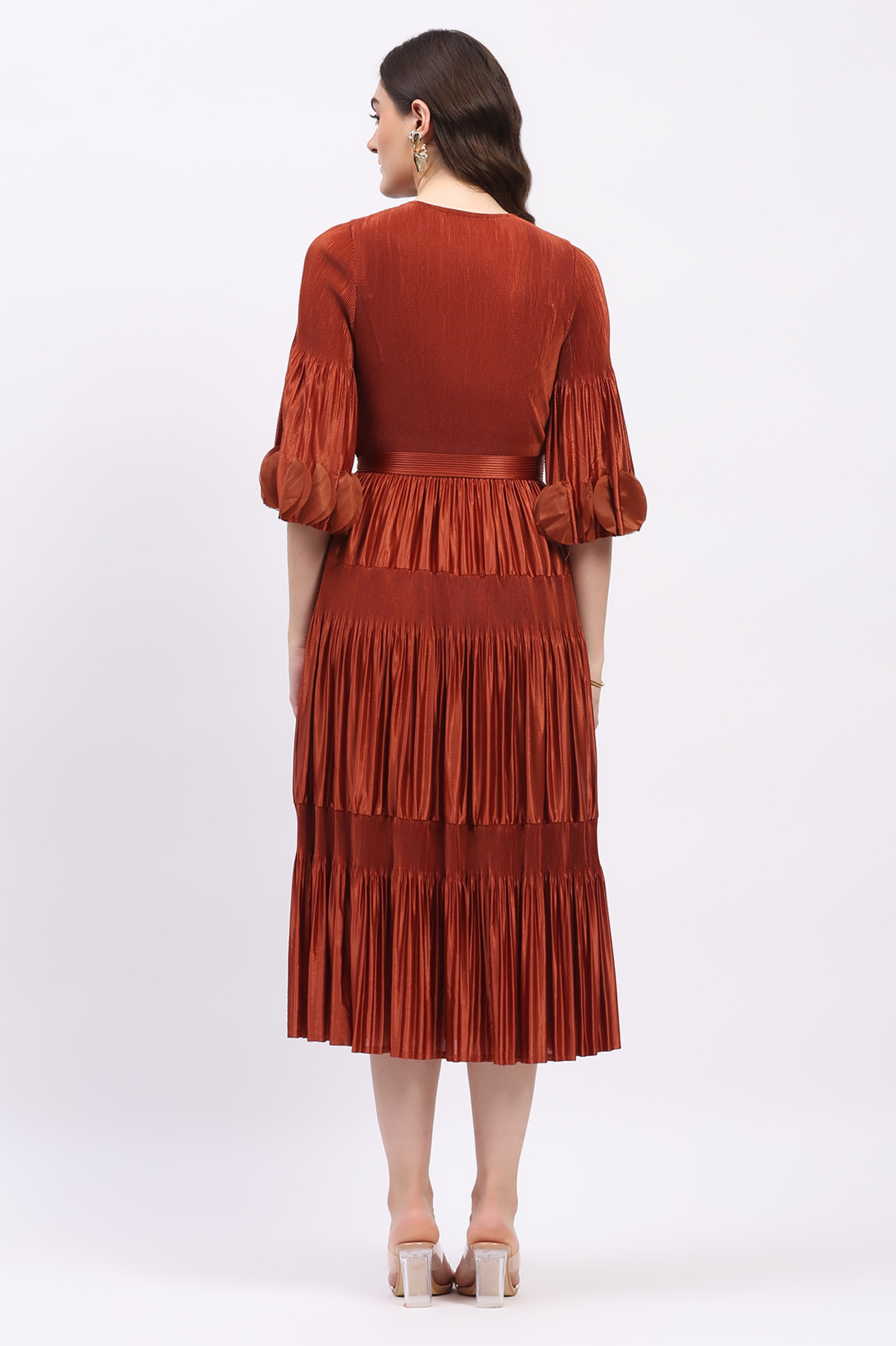 Brick Rust Pleated Fit & Flare Midi Dress