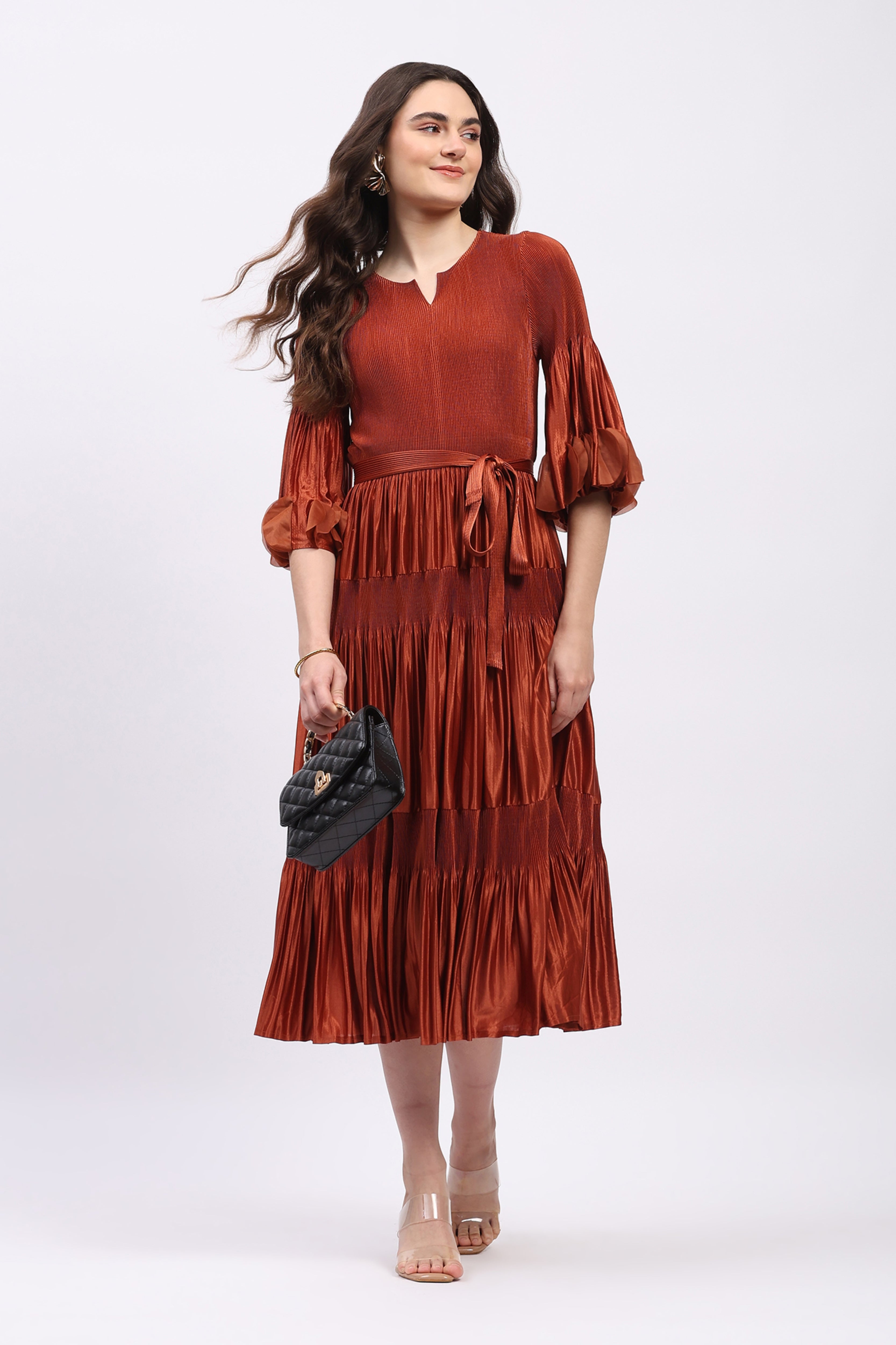 Brick Rust Pleated Fit & Flare Midi Dress