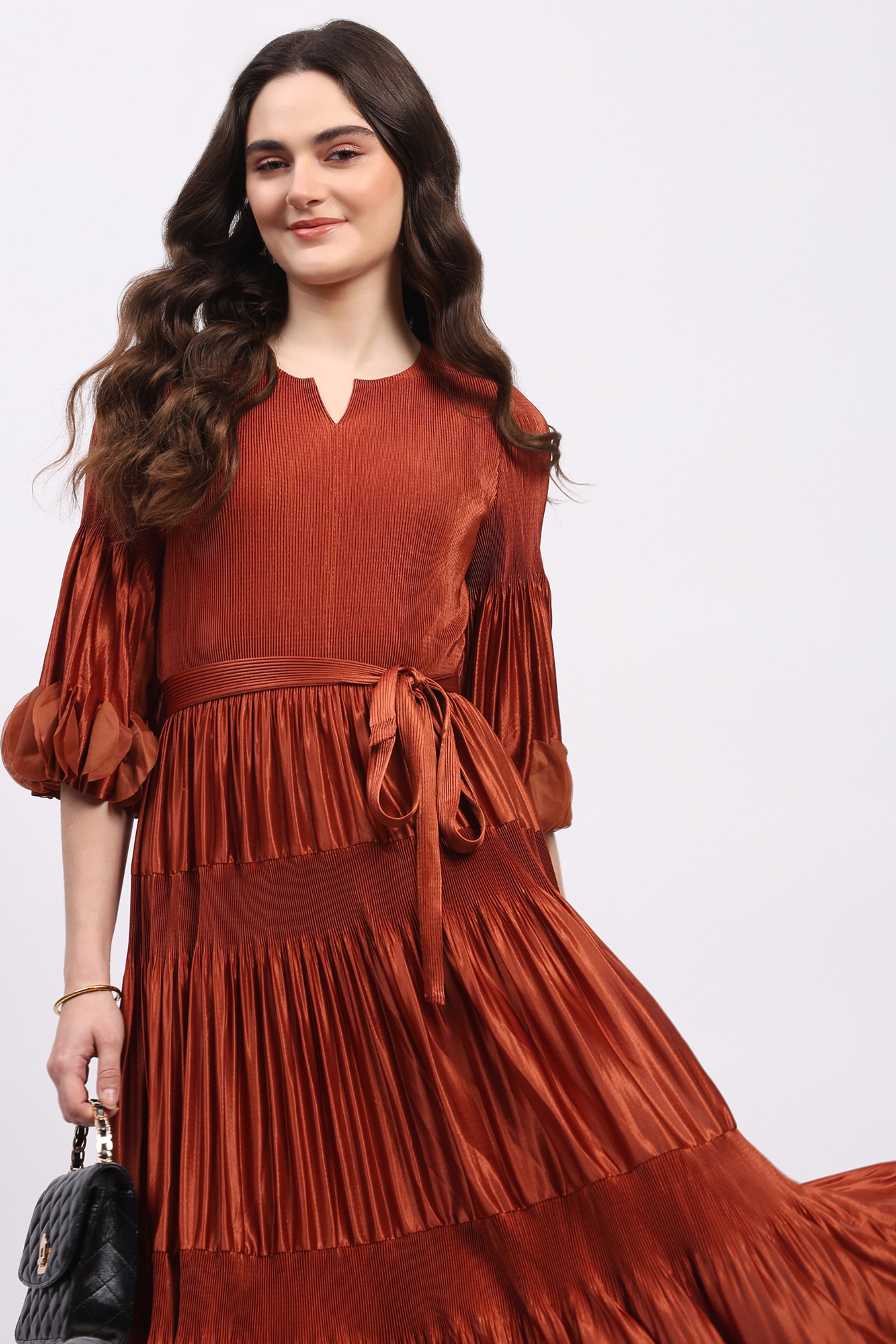 Brick Rust Pleated Fit & Flare Midi Dress