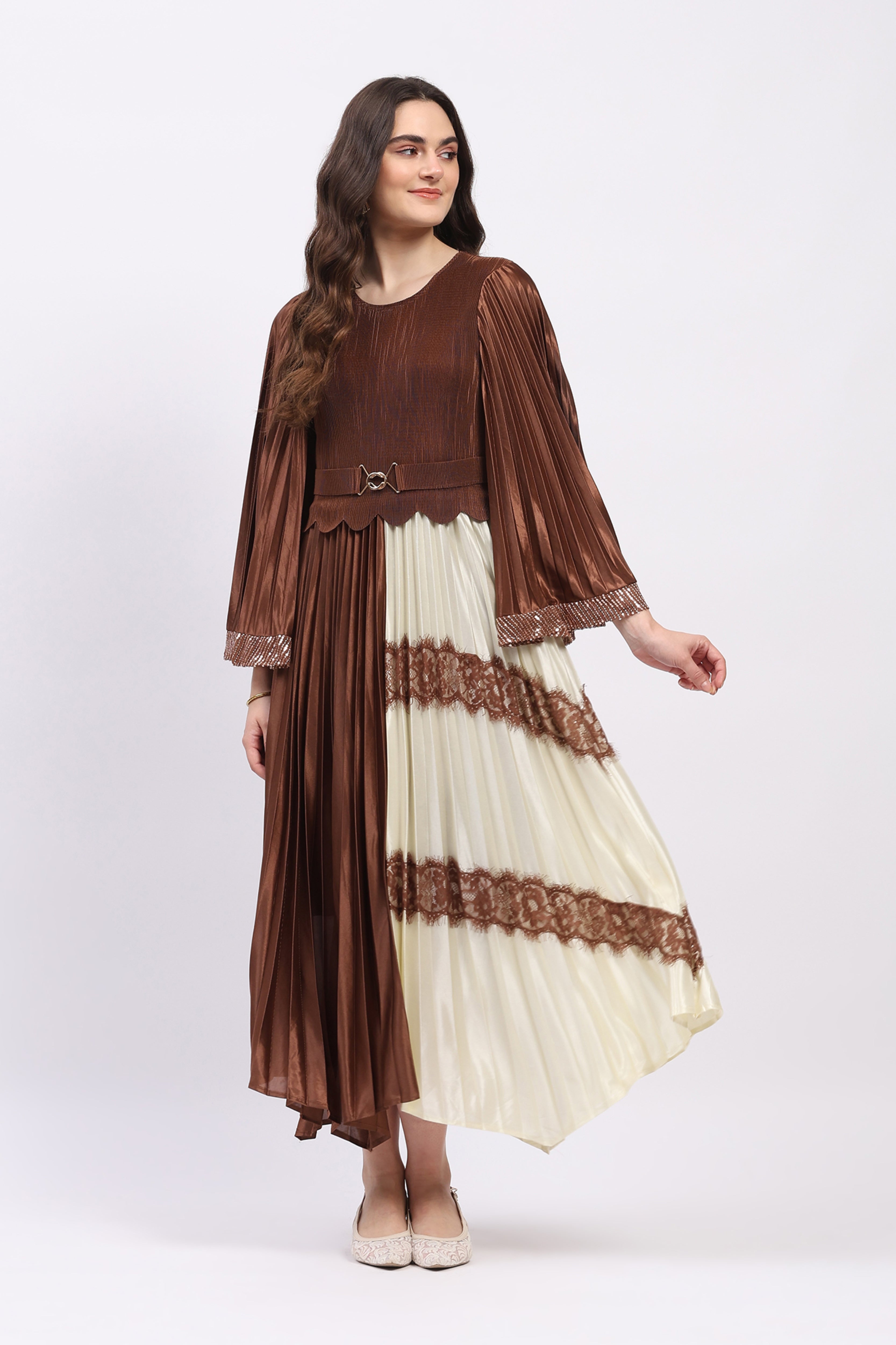 Brown Pleated Fit & Flare Maxi Dress