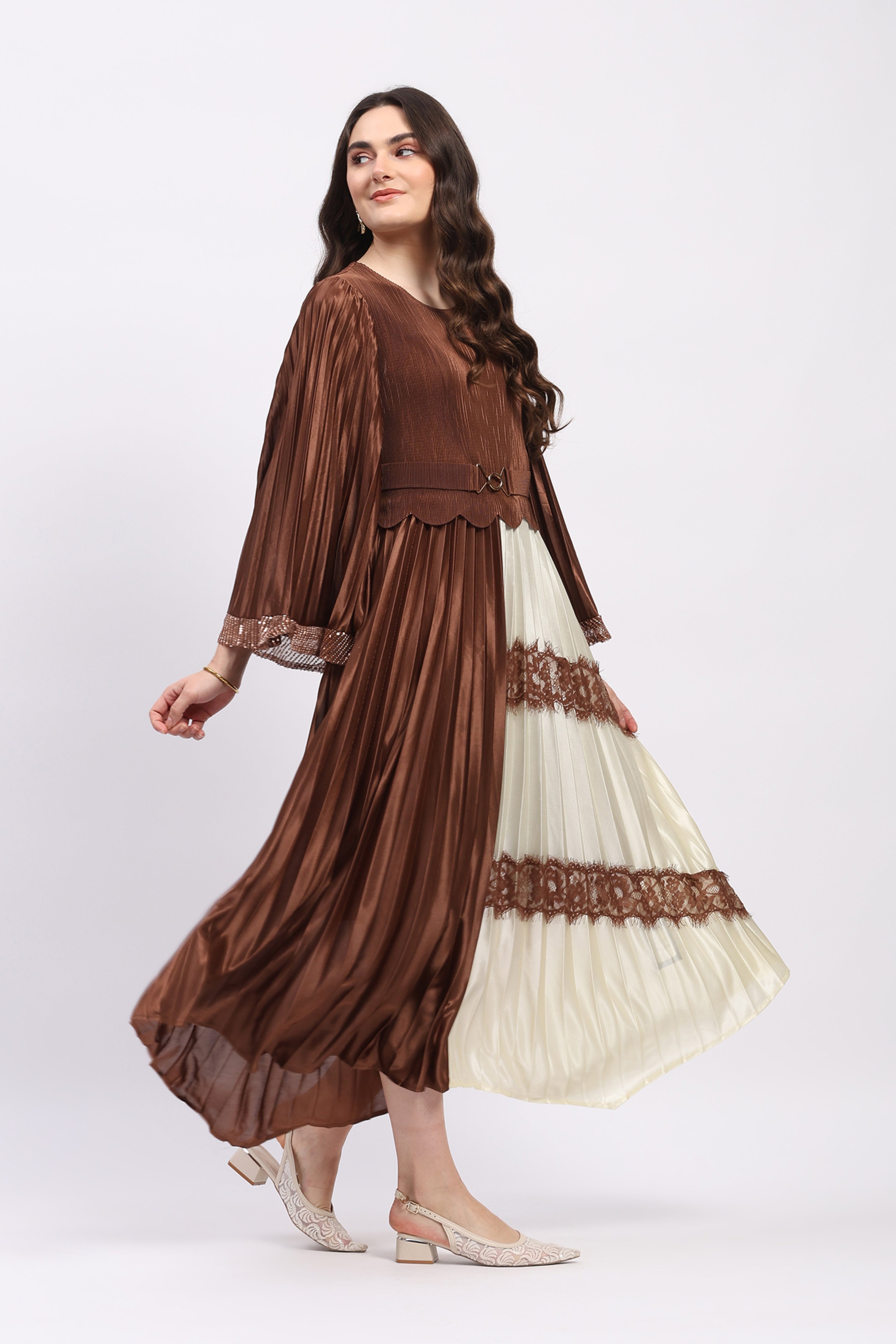 Brown Pleated Fit & Flare Maxi Dress