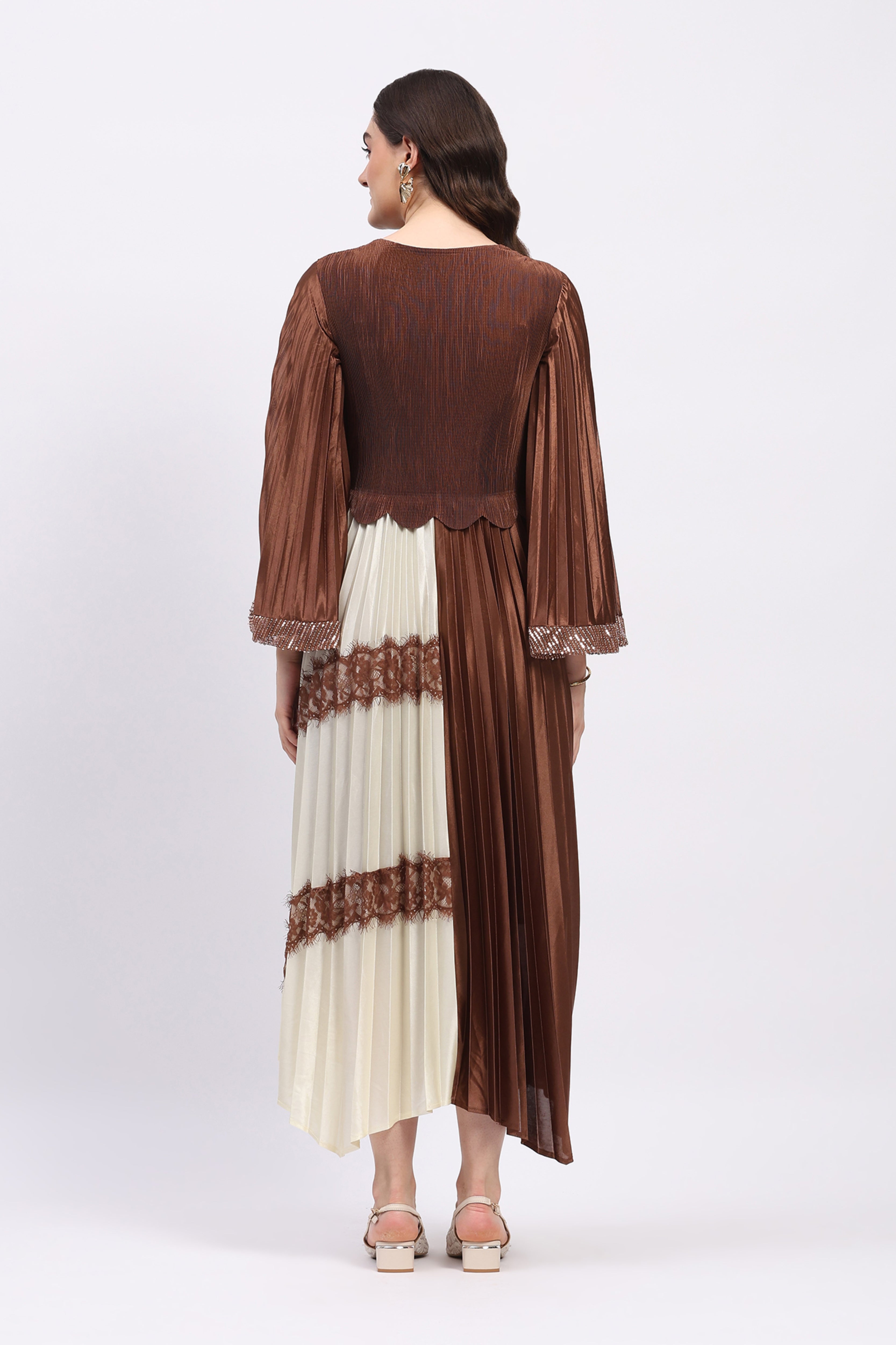 Brown Pleated Fit & Flare Maxi Dress