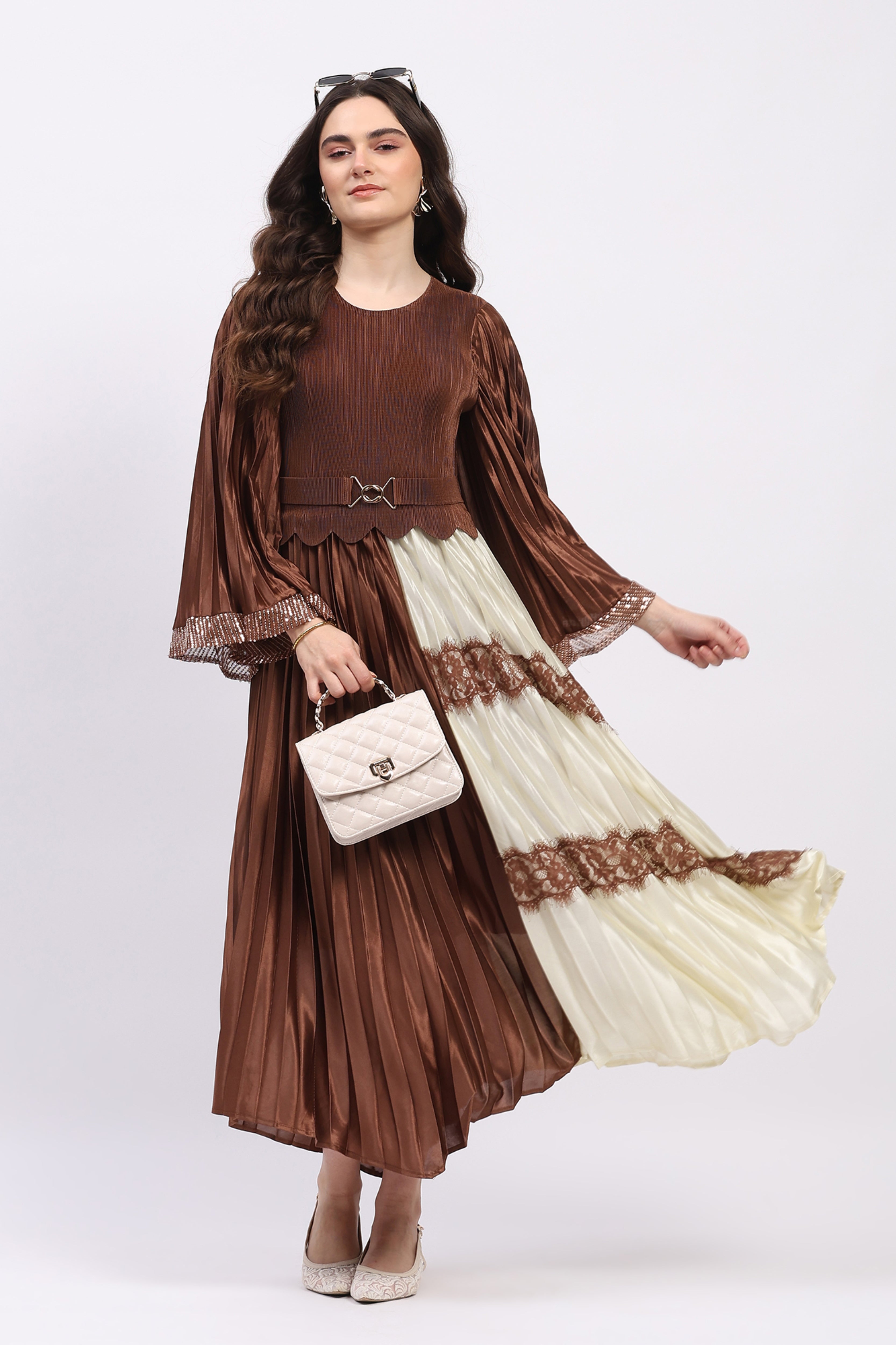 Brown Pleated Fit & Flare Maxi Dress