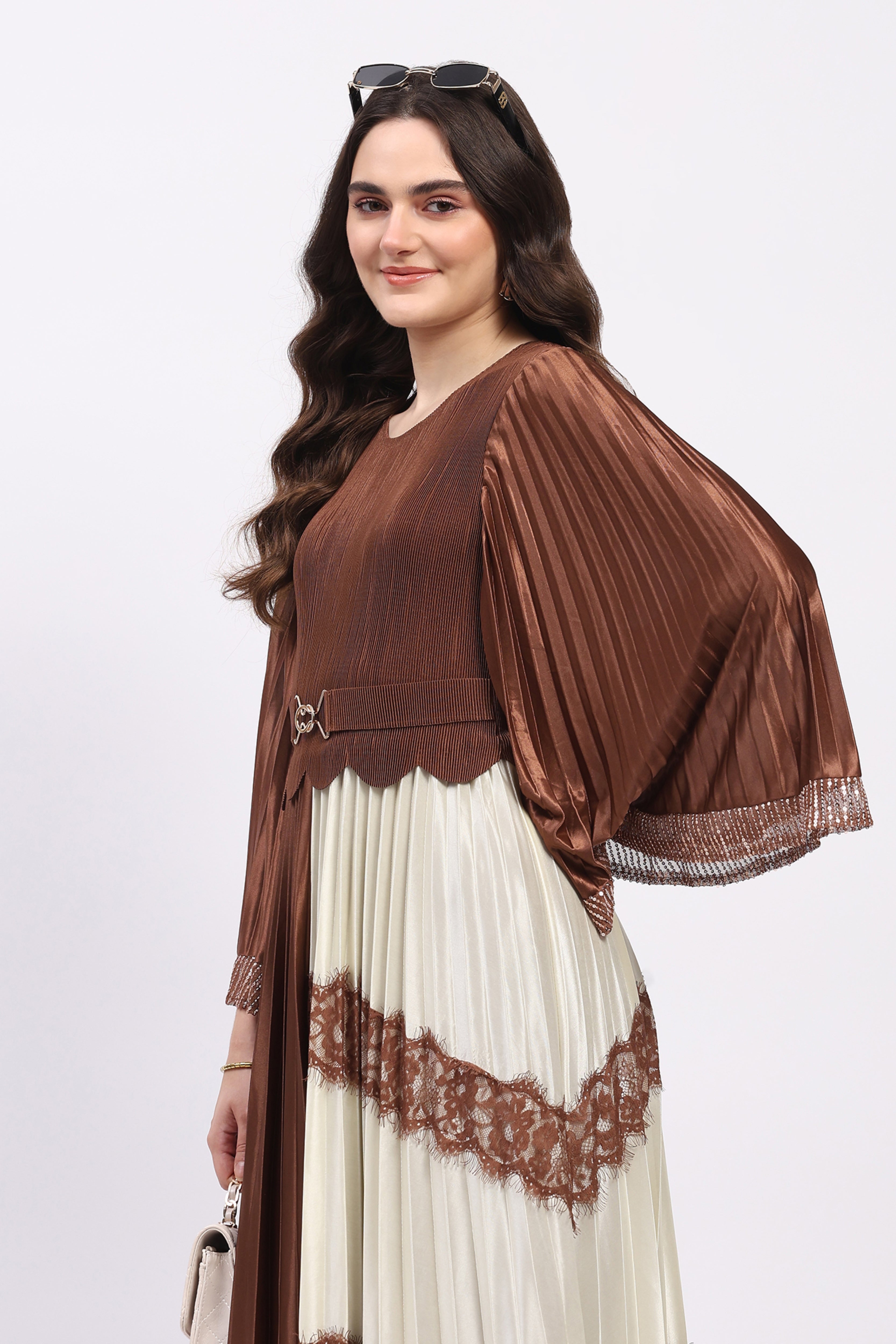 Brown Pleated Fit & Flare Maxi Dress