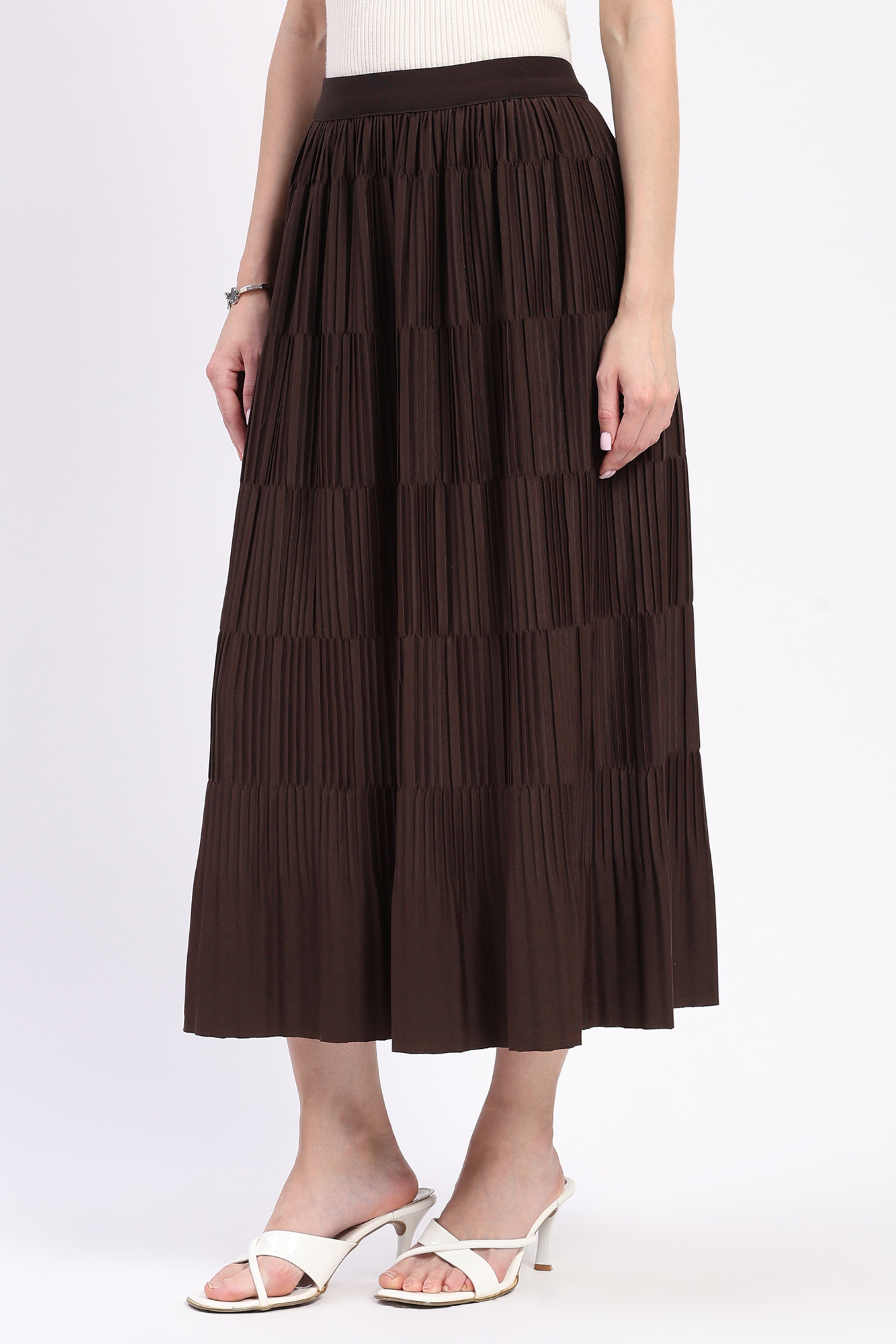 Coffee Brown Pleated Midi Skirt