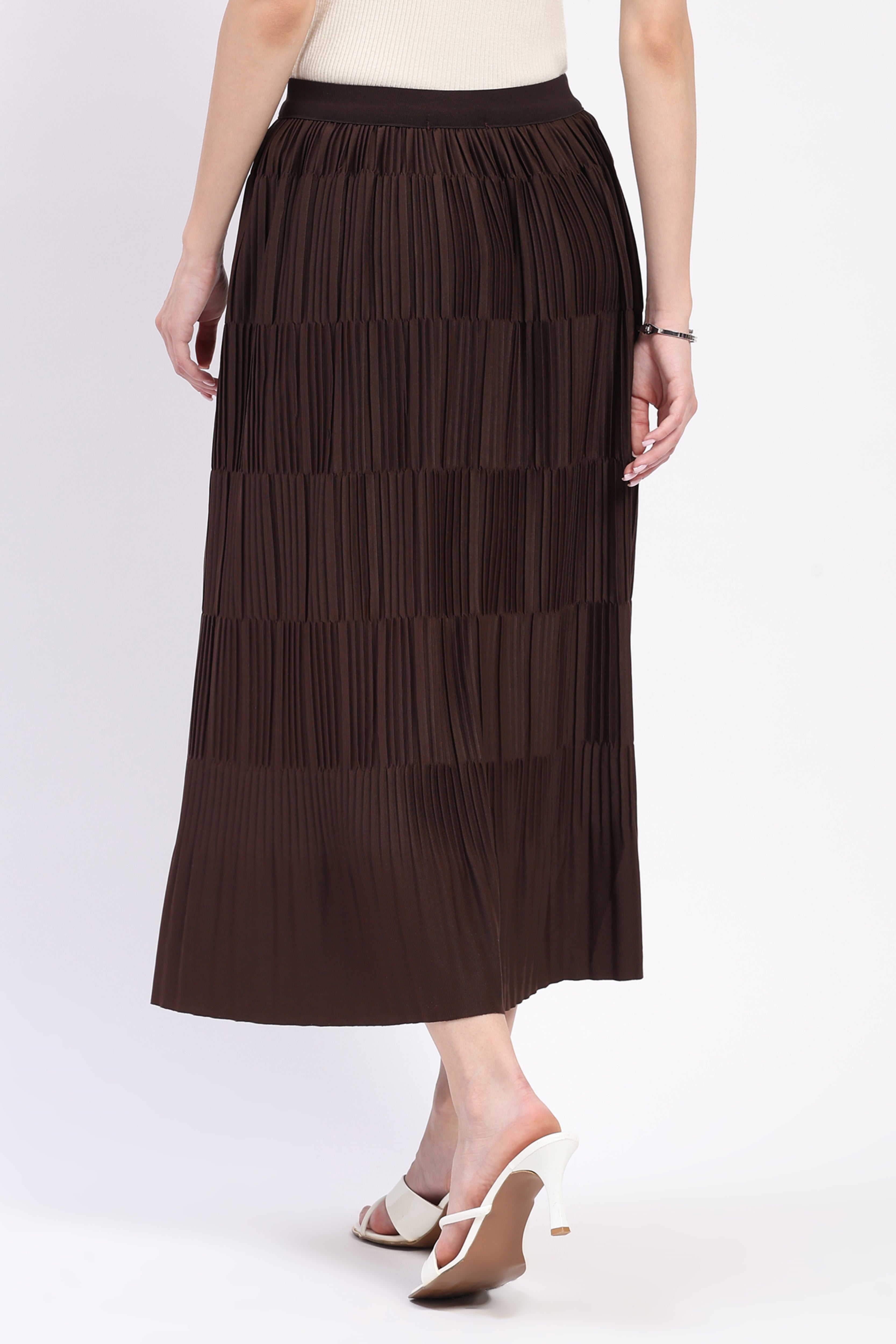Coffee Brown Pleated Midi Skirt