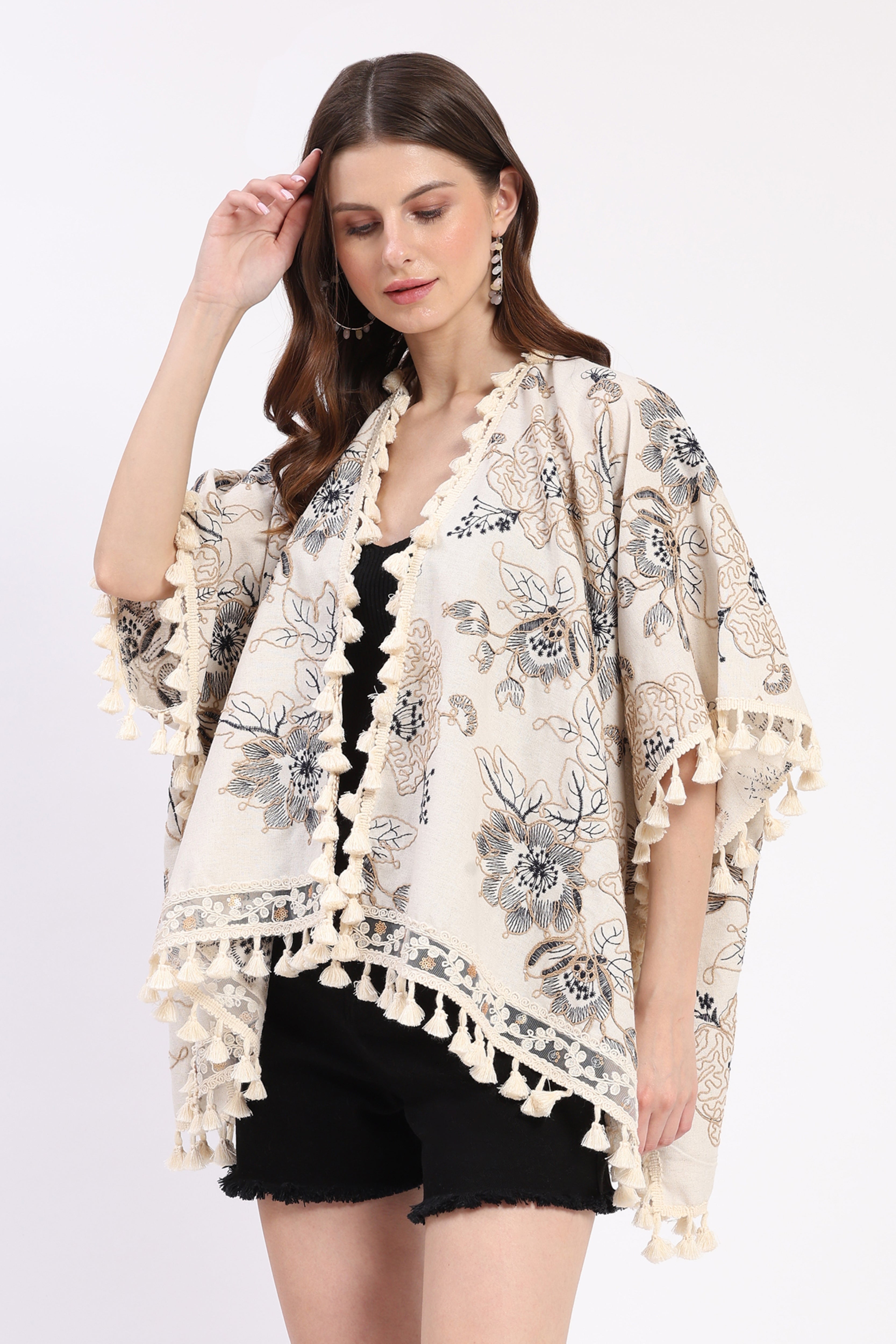 Beige Embroidered Oversized Shrug
