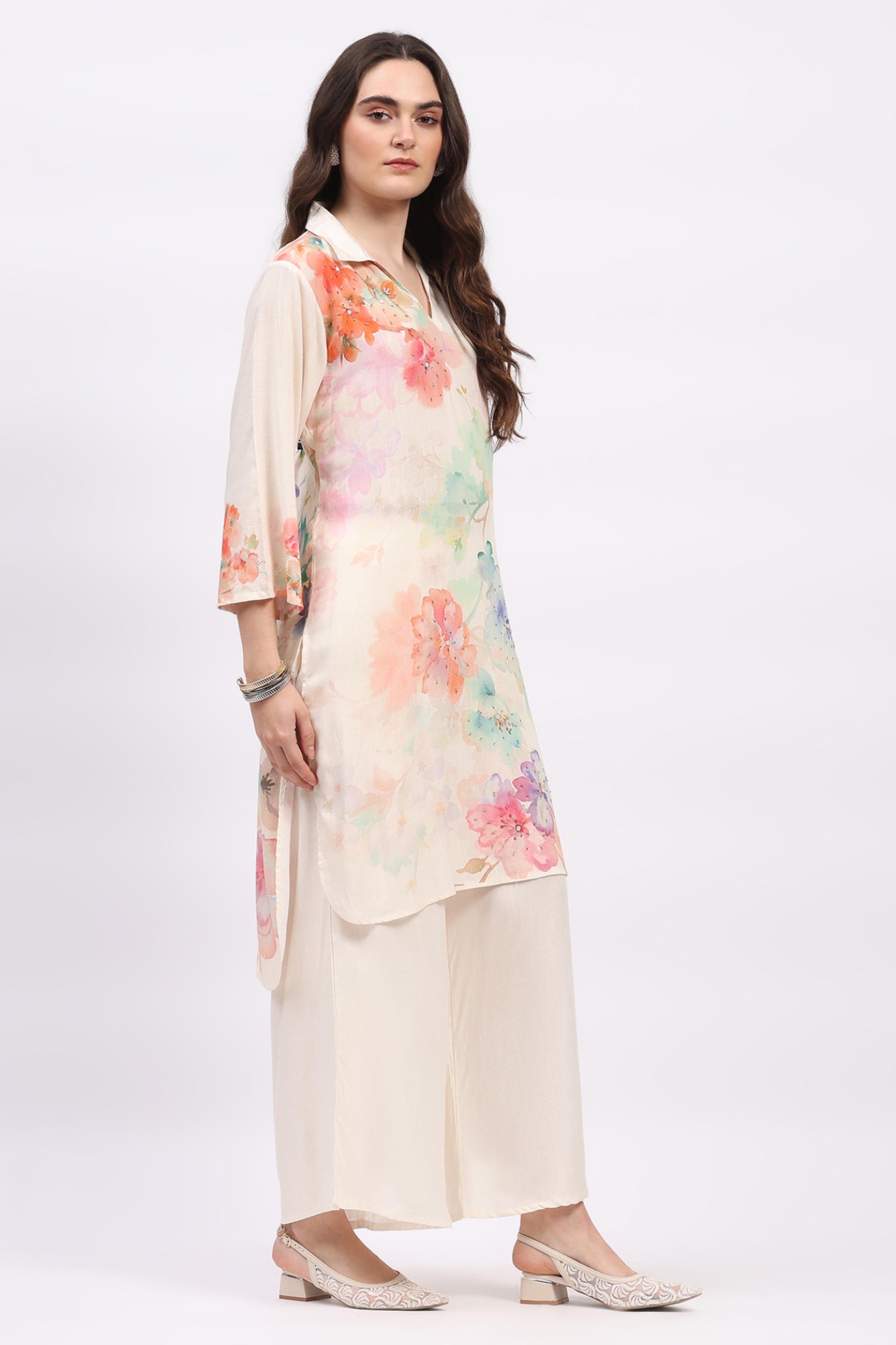 Off-White Floral Printed Kurta Pant Set