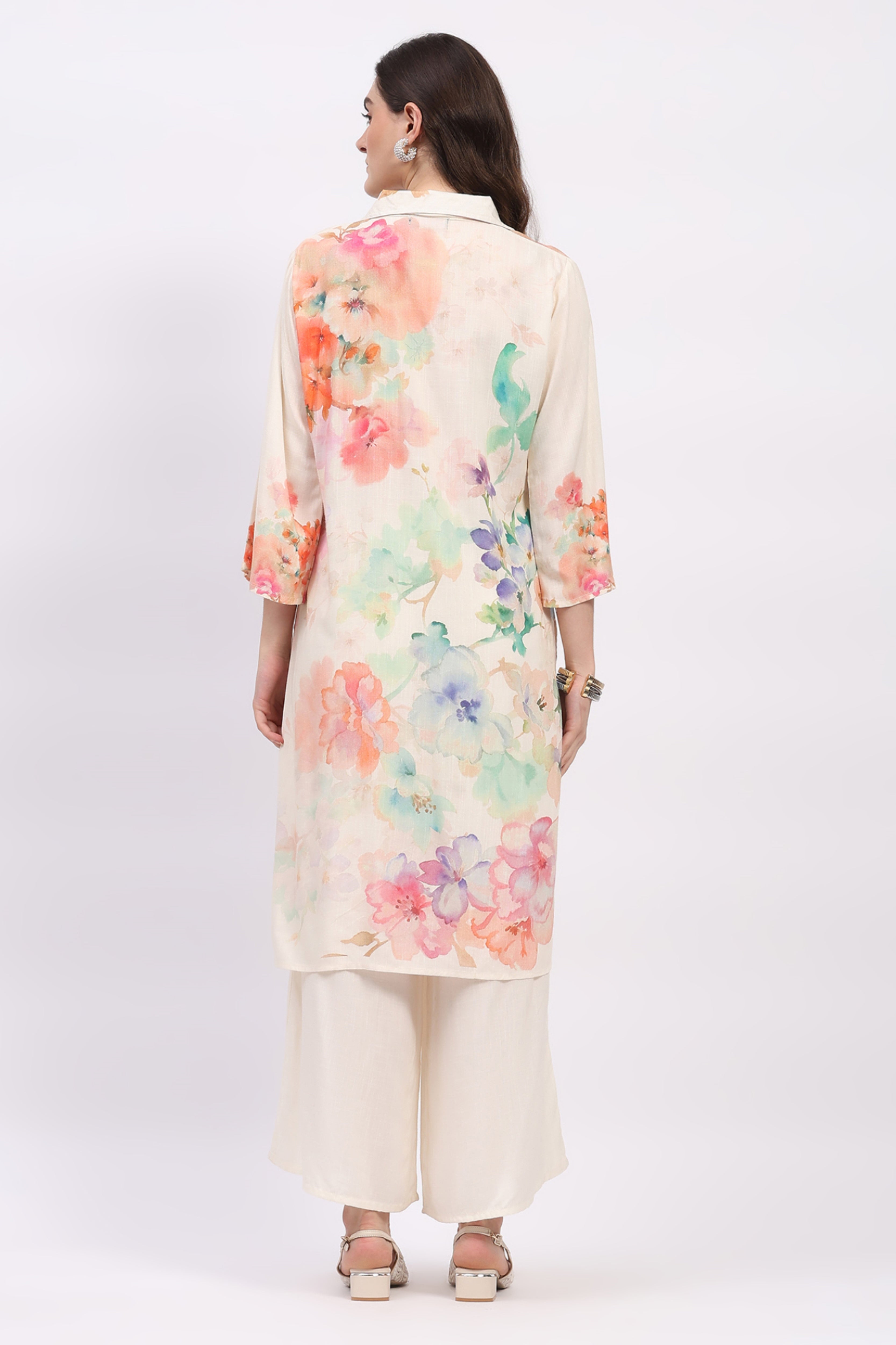 Off-White Floral Printed Kurta Pant Set