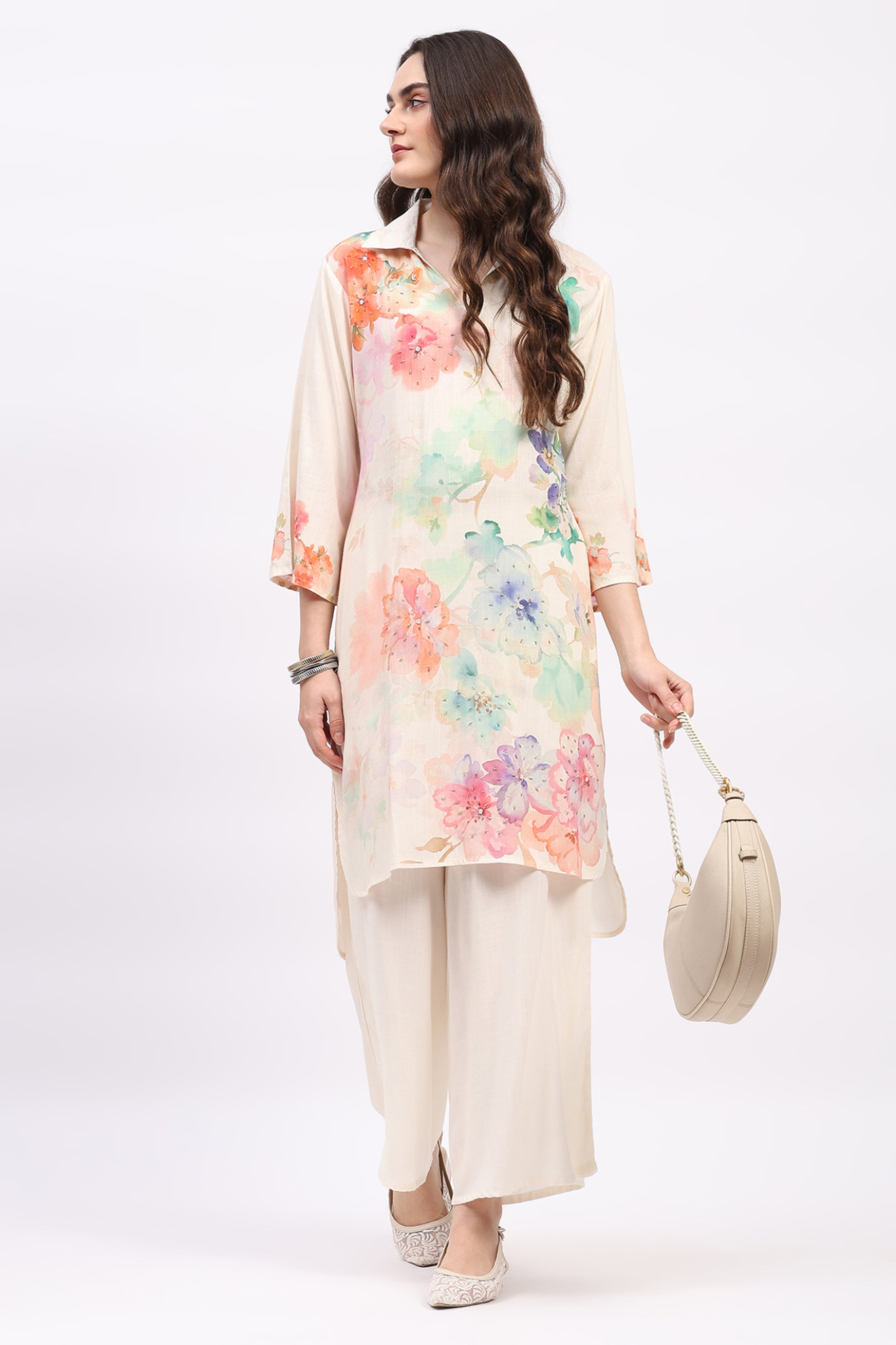 Off-White Floral Printed Kurta Pant Set