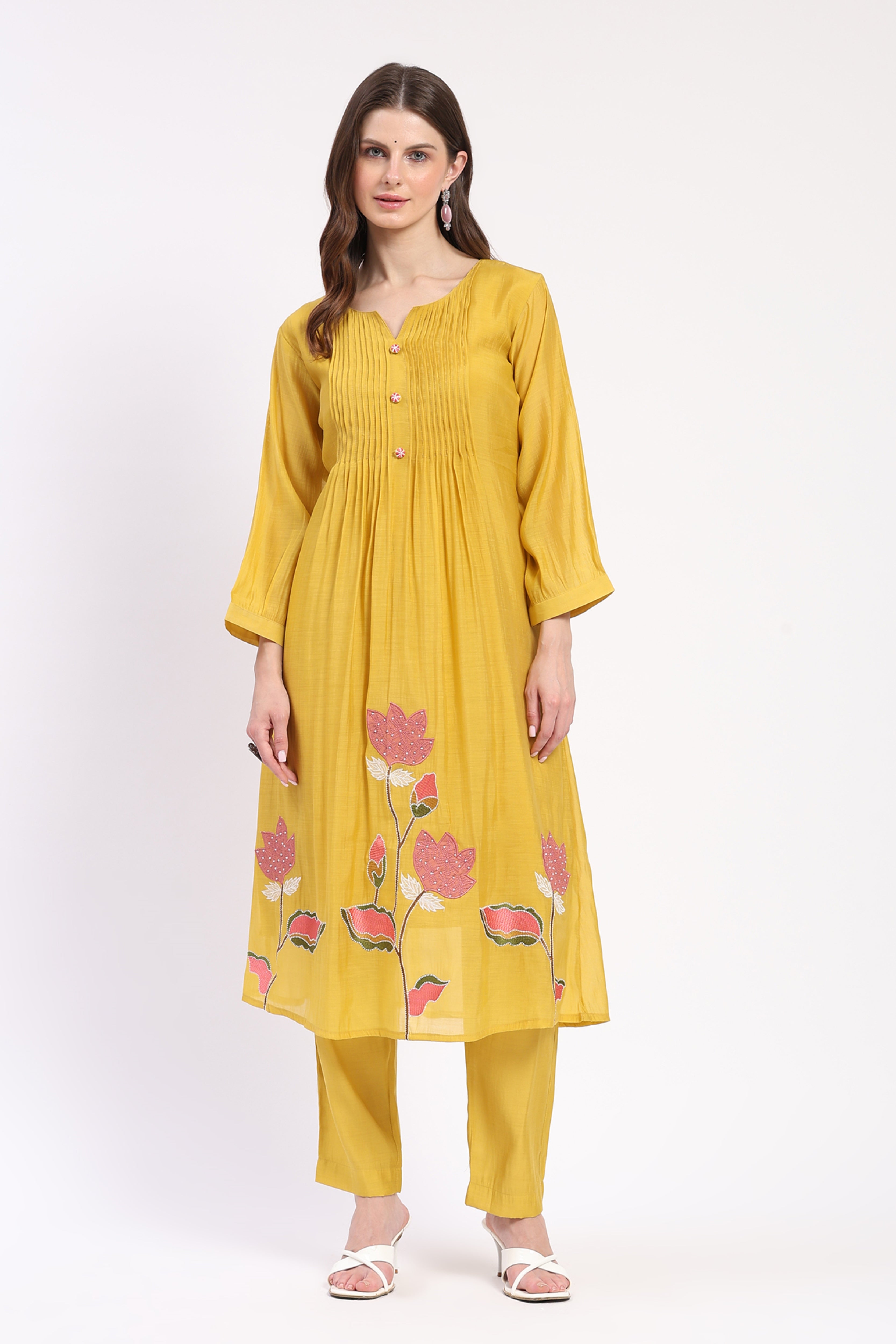 Mustard Embroidered Kurta Pant Set