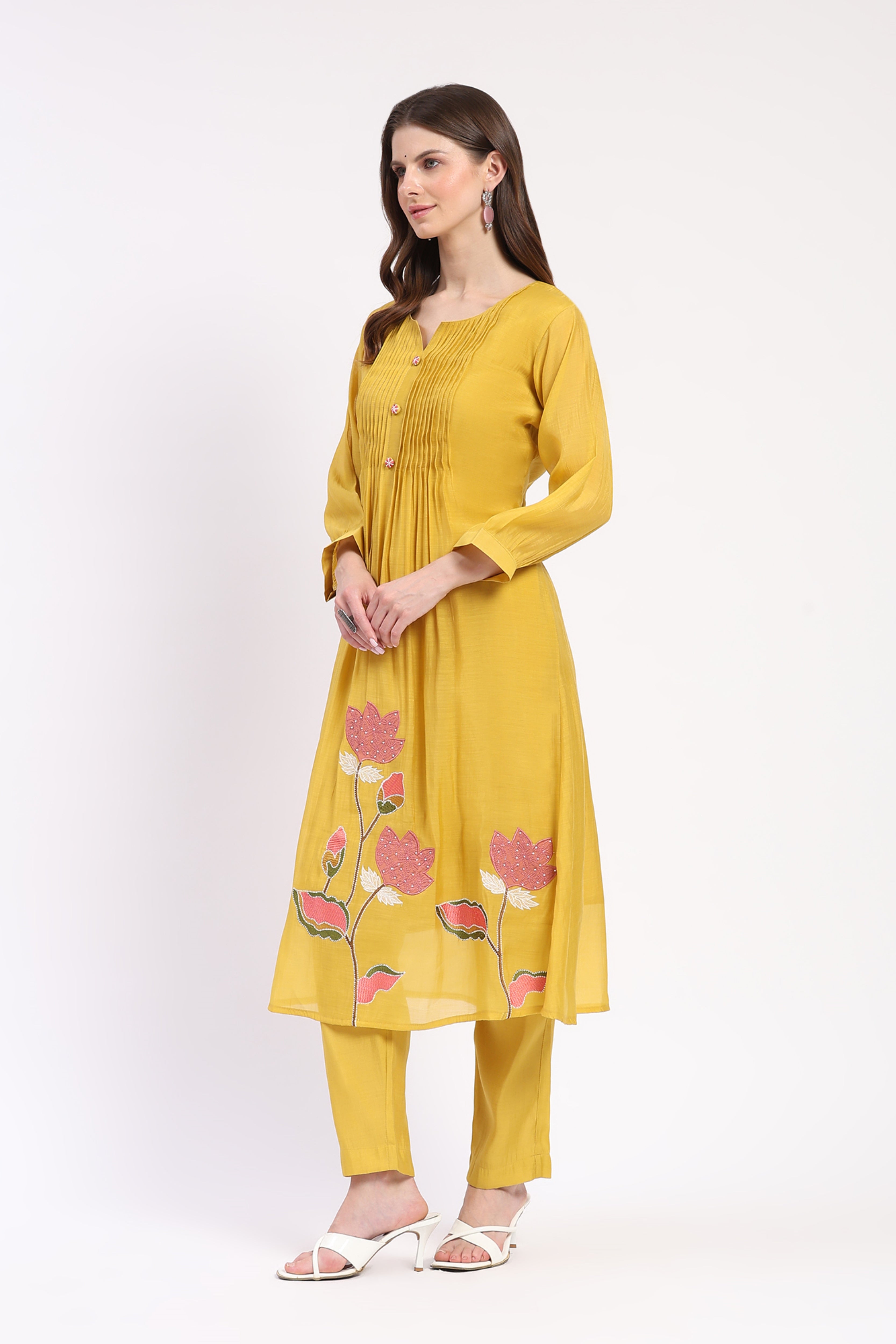 Mustard Embroidered Kurta Pant Set