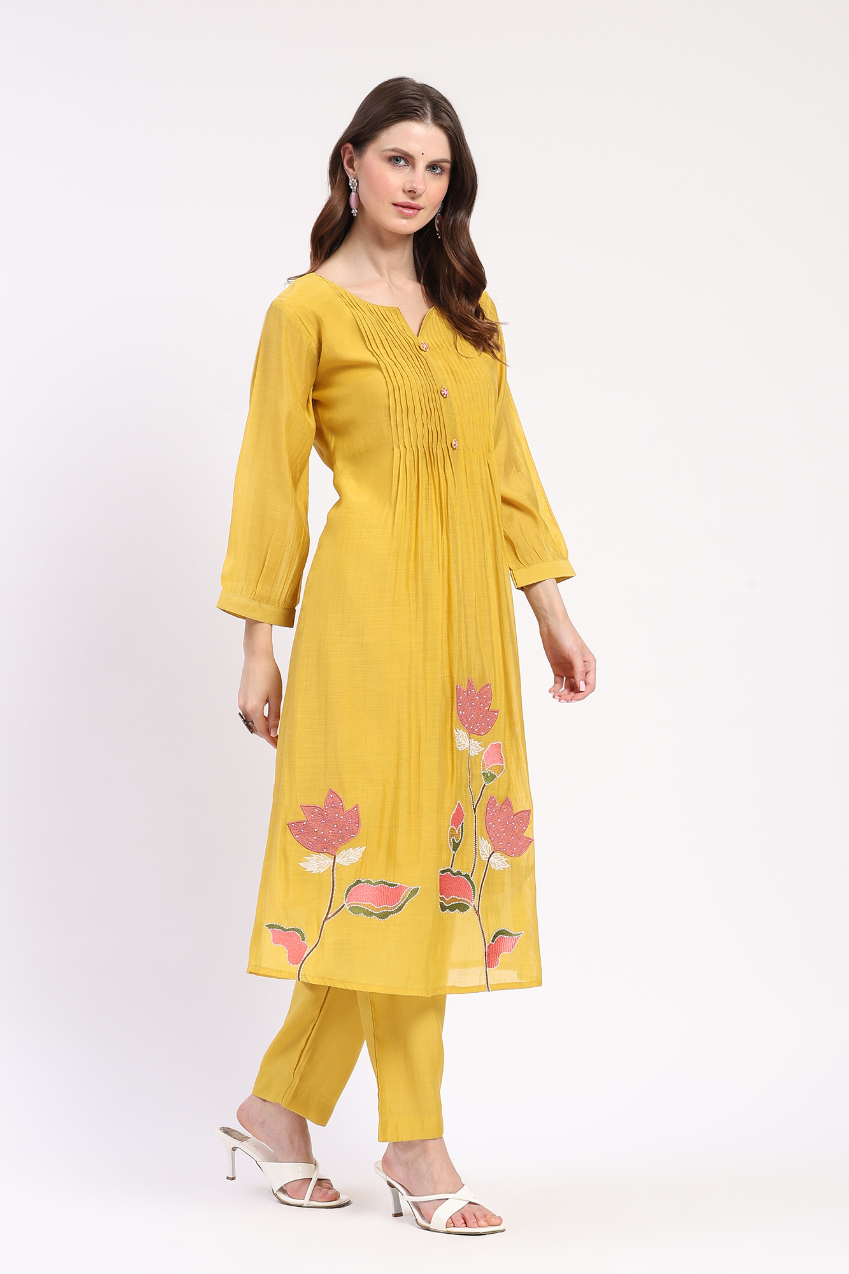 Mustard Embroidered Kurta Pant Set