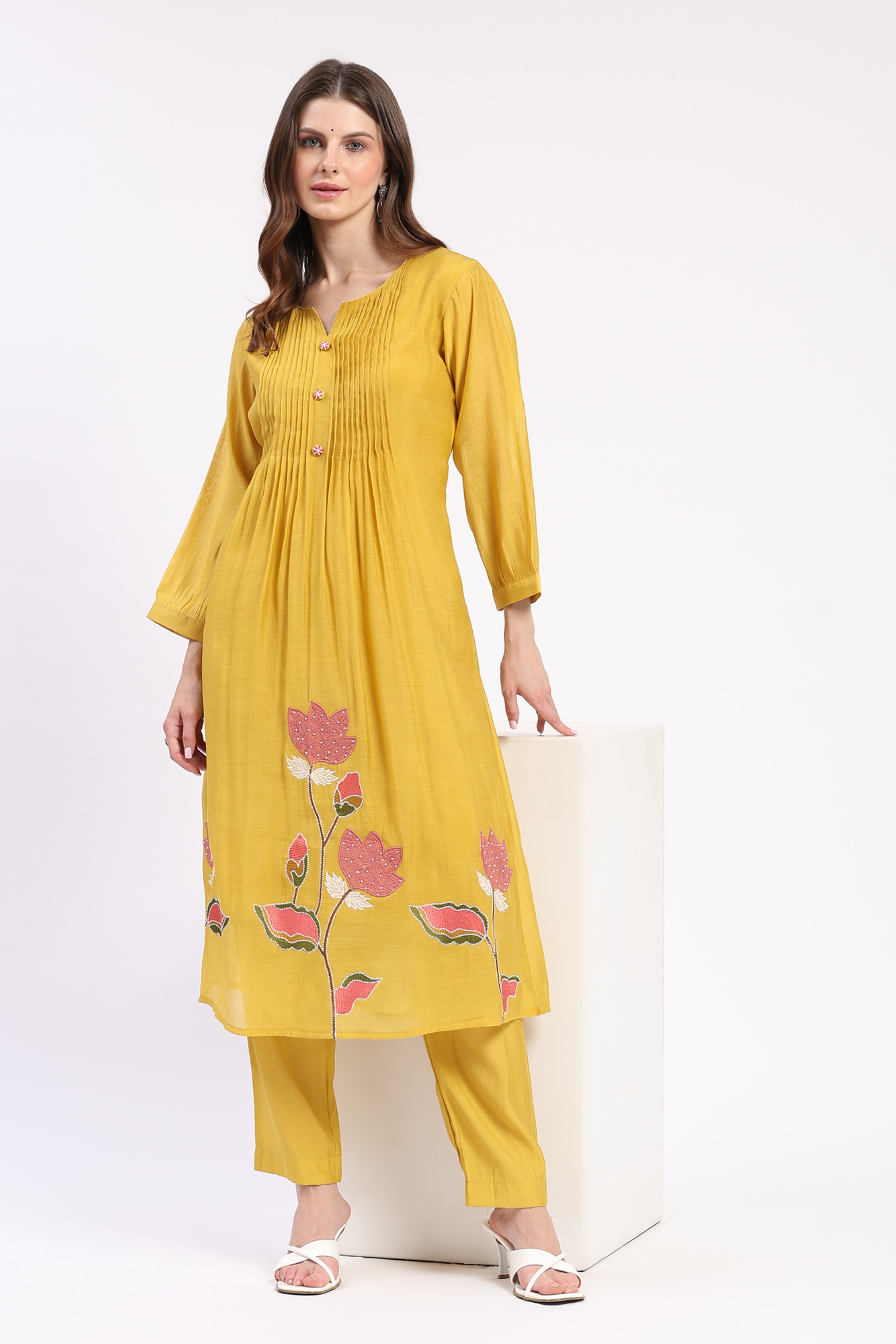 Mustard Embroidered Kurta Pant Set