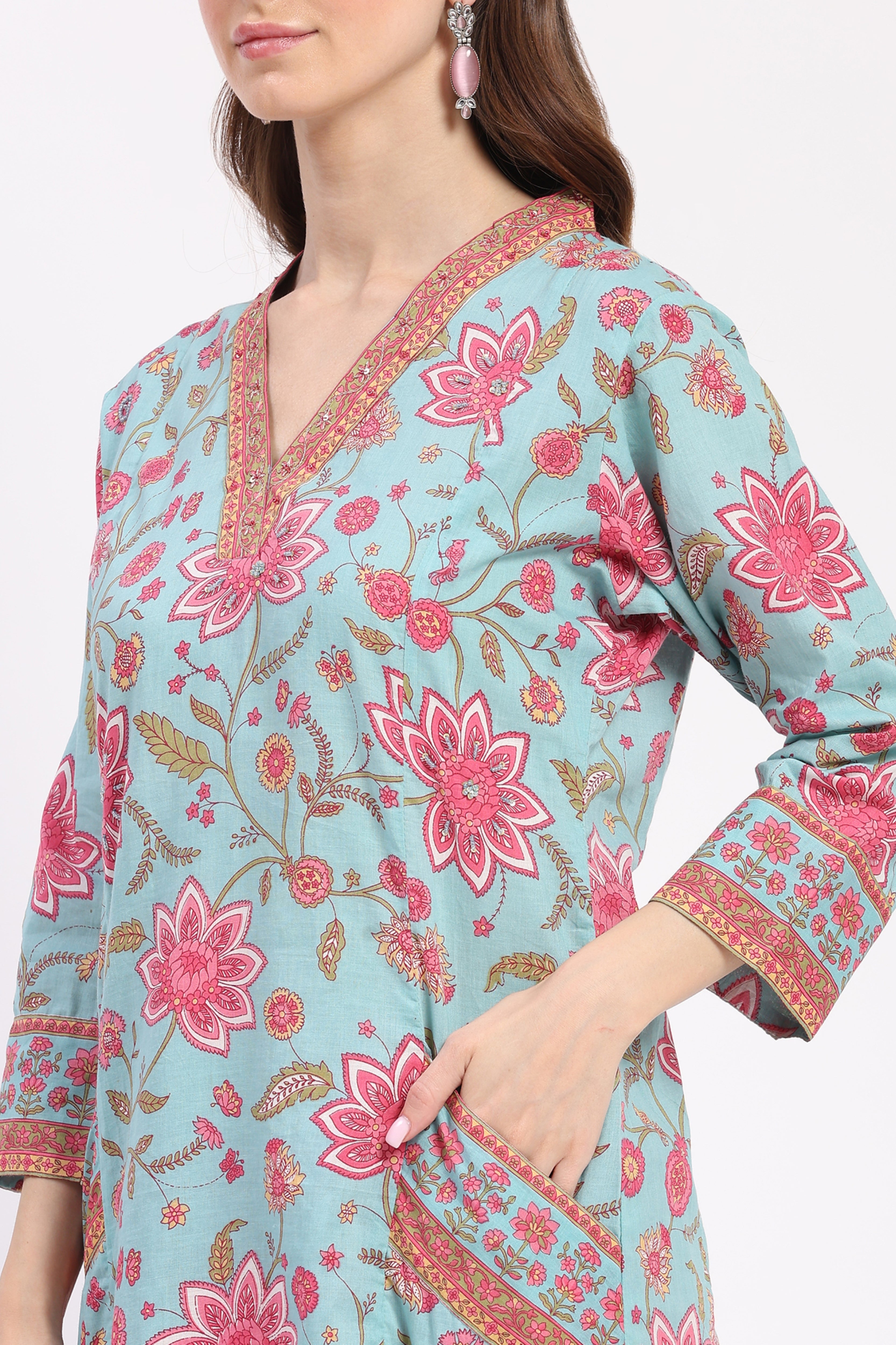 Multi Floral Cotton Kurta with Pockets